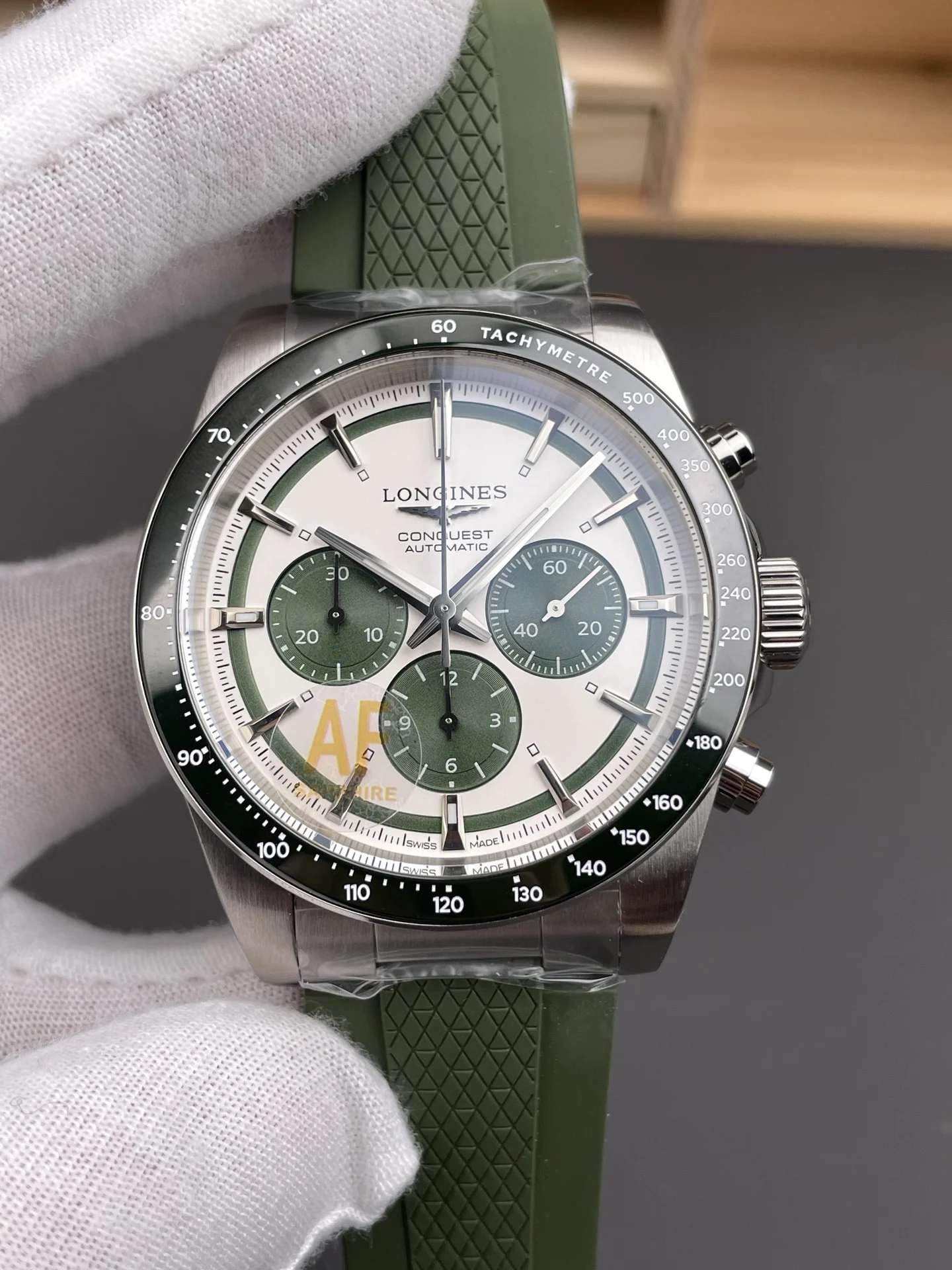 Longines Conquest Panda Green Dial — photographed off the sweep