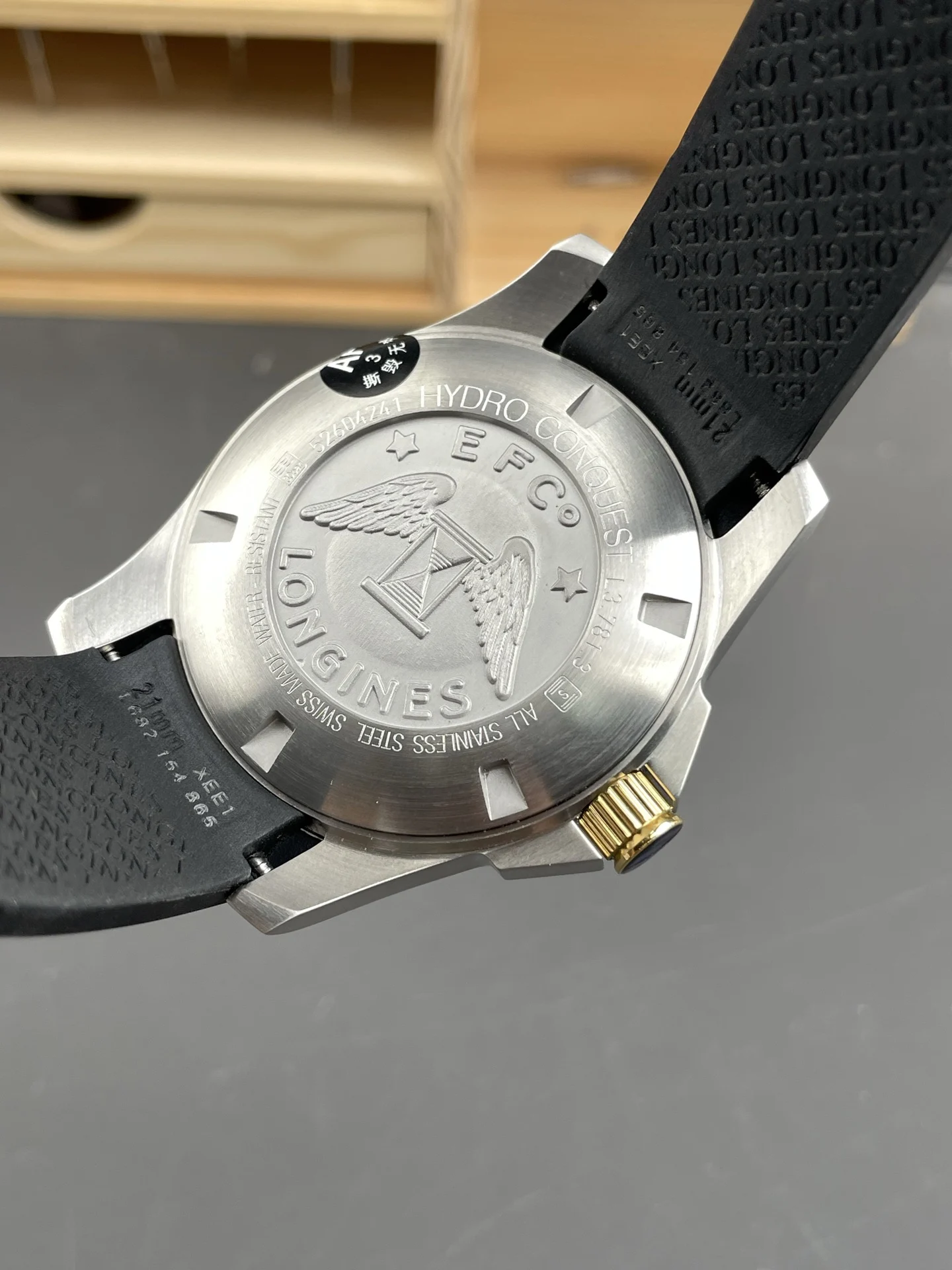 Longines Conquest Two-Tone Black Dial 41mm — photographed off the sweep