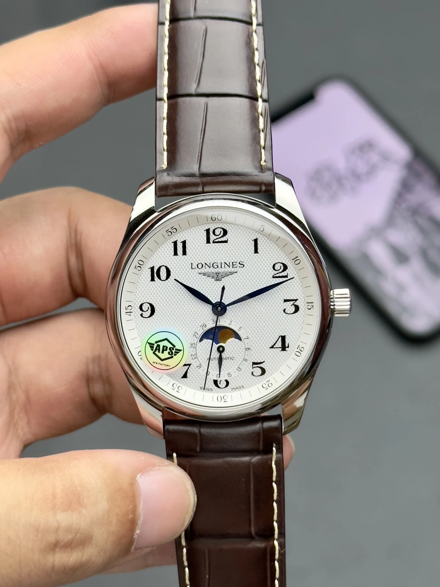 Longines Master Collection Moon Phase — photographed off the sweep