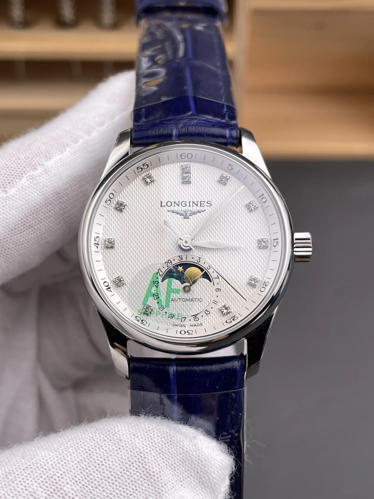 Longines Master Collection Moon Phase 34mm — photographed off the sweep