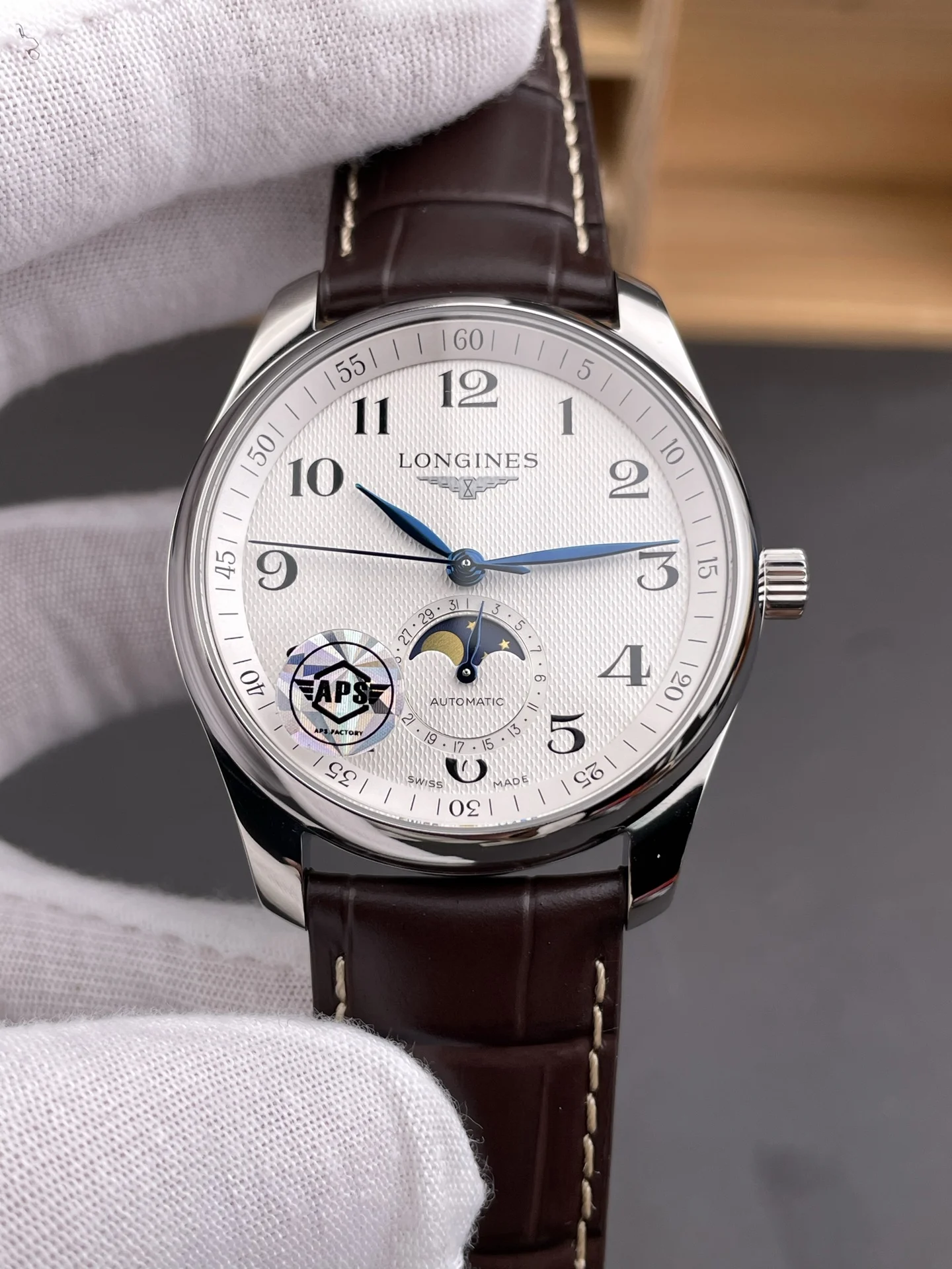 Longines Master Collection Moon Phase 40mm — photographed off the sweep