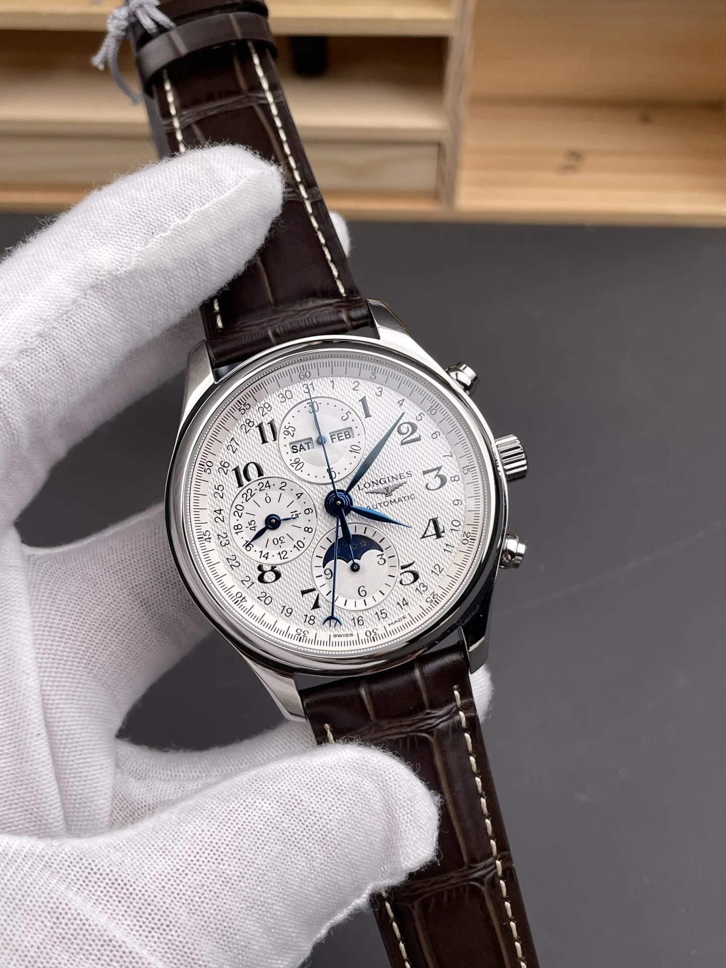 Longines Master Collection Moon Phase 42mm — photographed off the sweep
