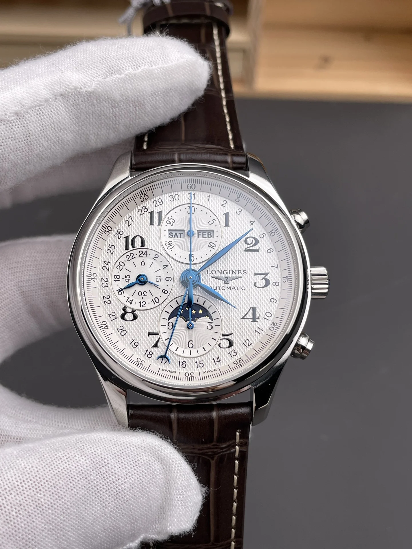 Longines Master Collection Moon Phase 42mm — photographed off the sweep