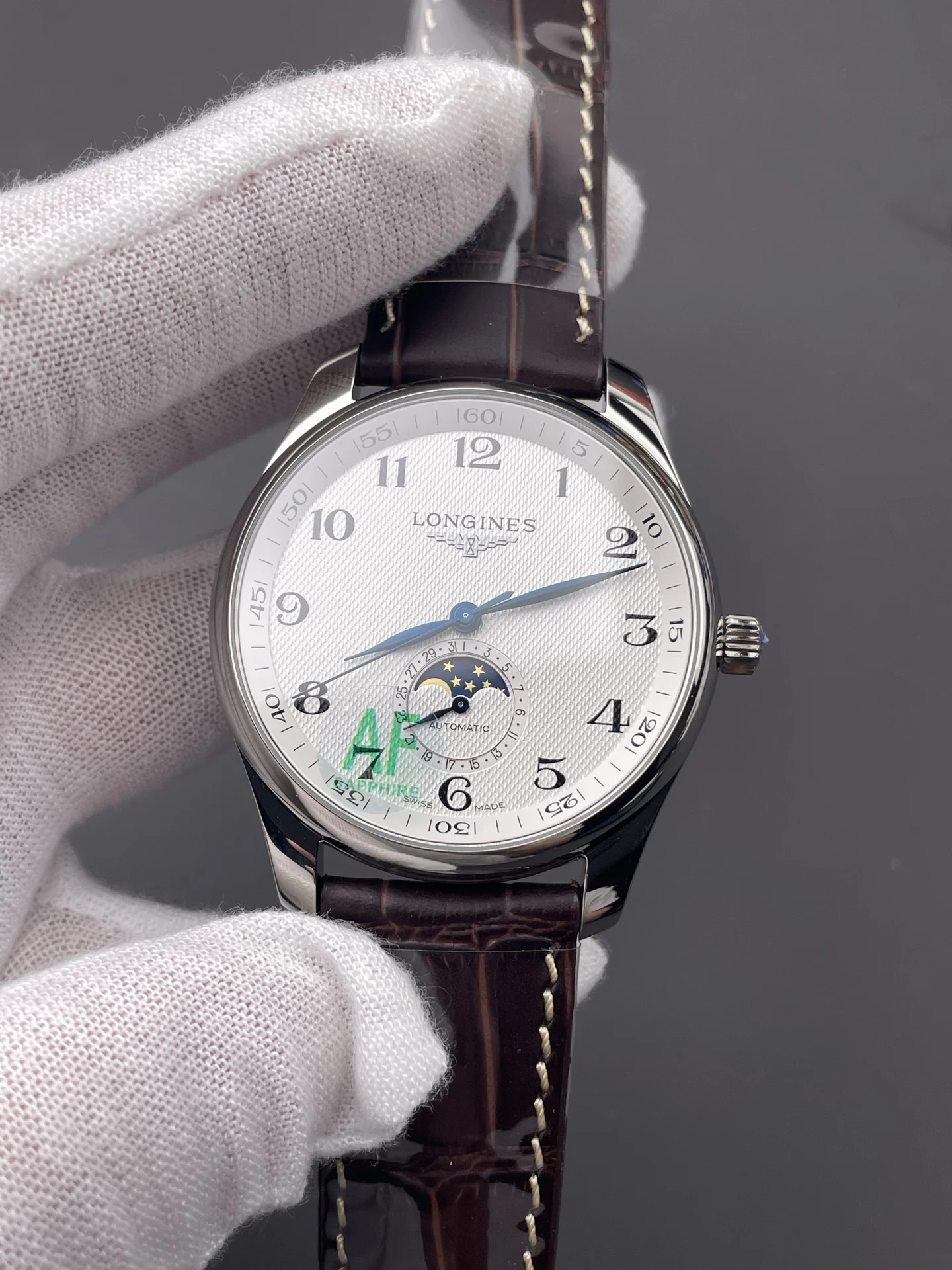Longines Master Collection Moon Phase 42mm — photographed off the sweep