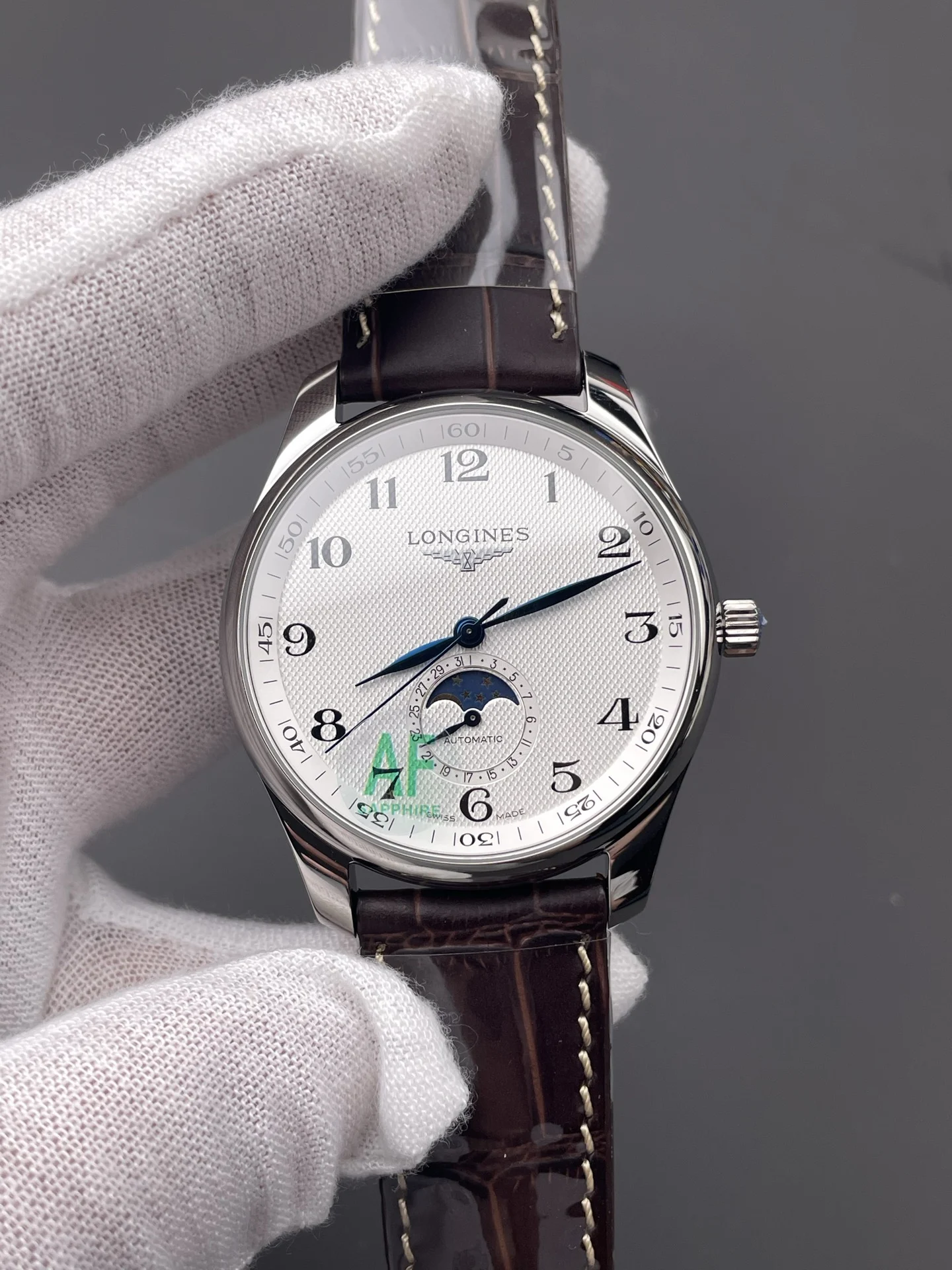 Longines Master Collection Moon Phase 42mm — photographed off the sweep