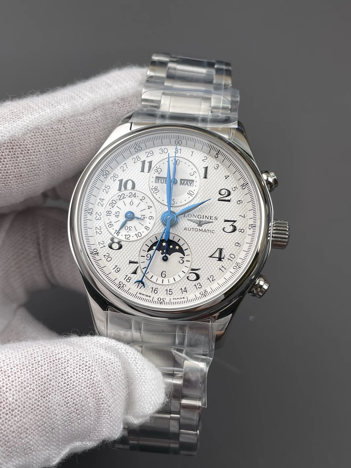 Longines Master Collection Moon Phase 42mm — photographed off the sweep