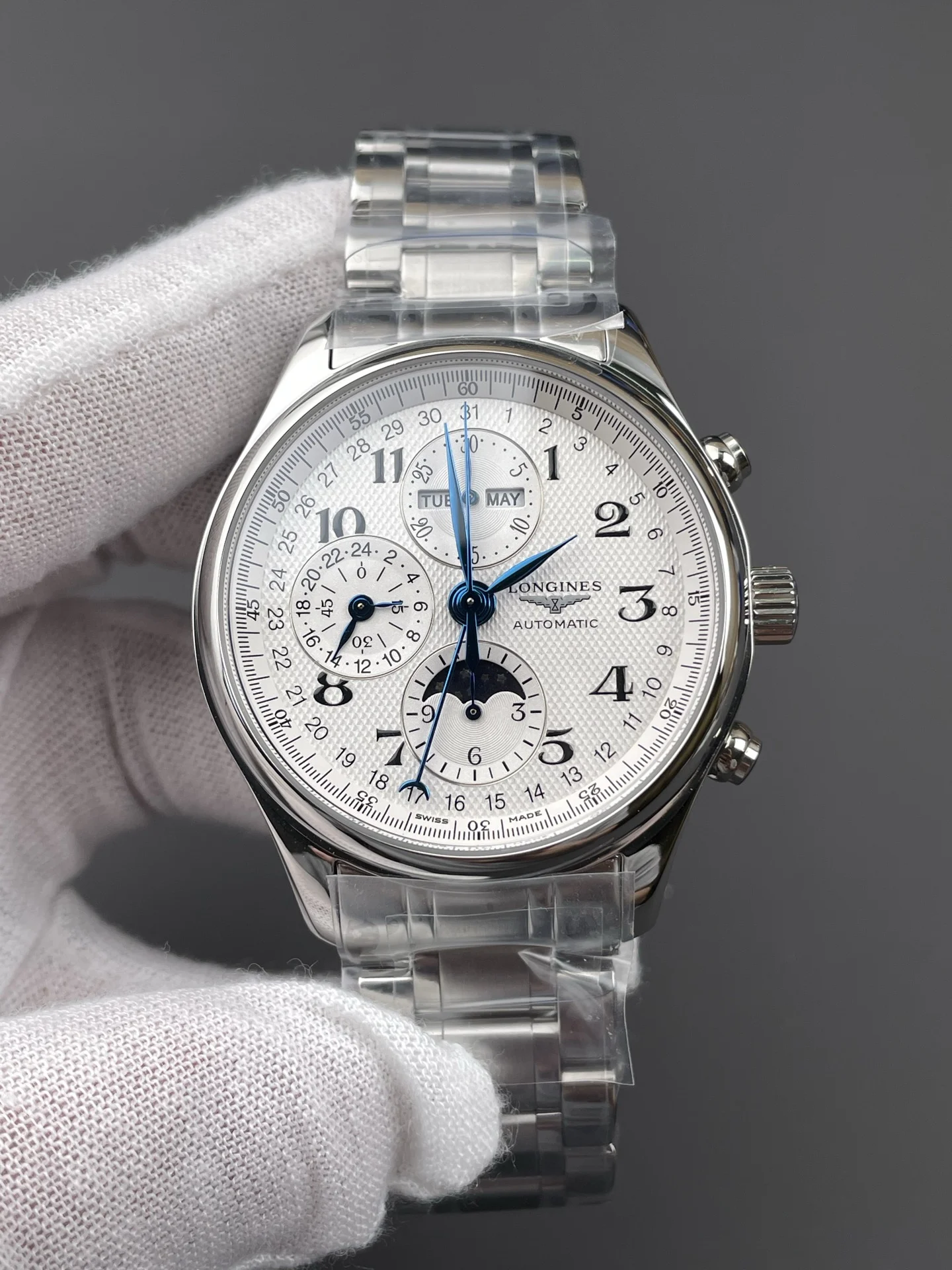 Longines Master Collection Moon Phase 42mm — photographed off the sweep