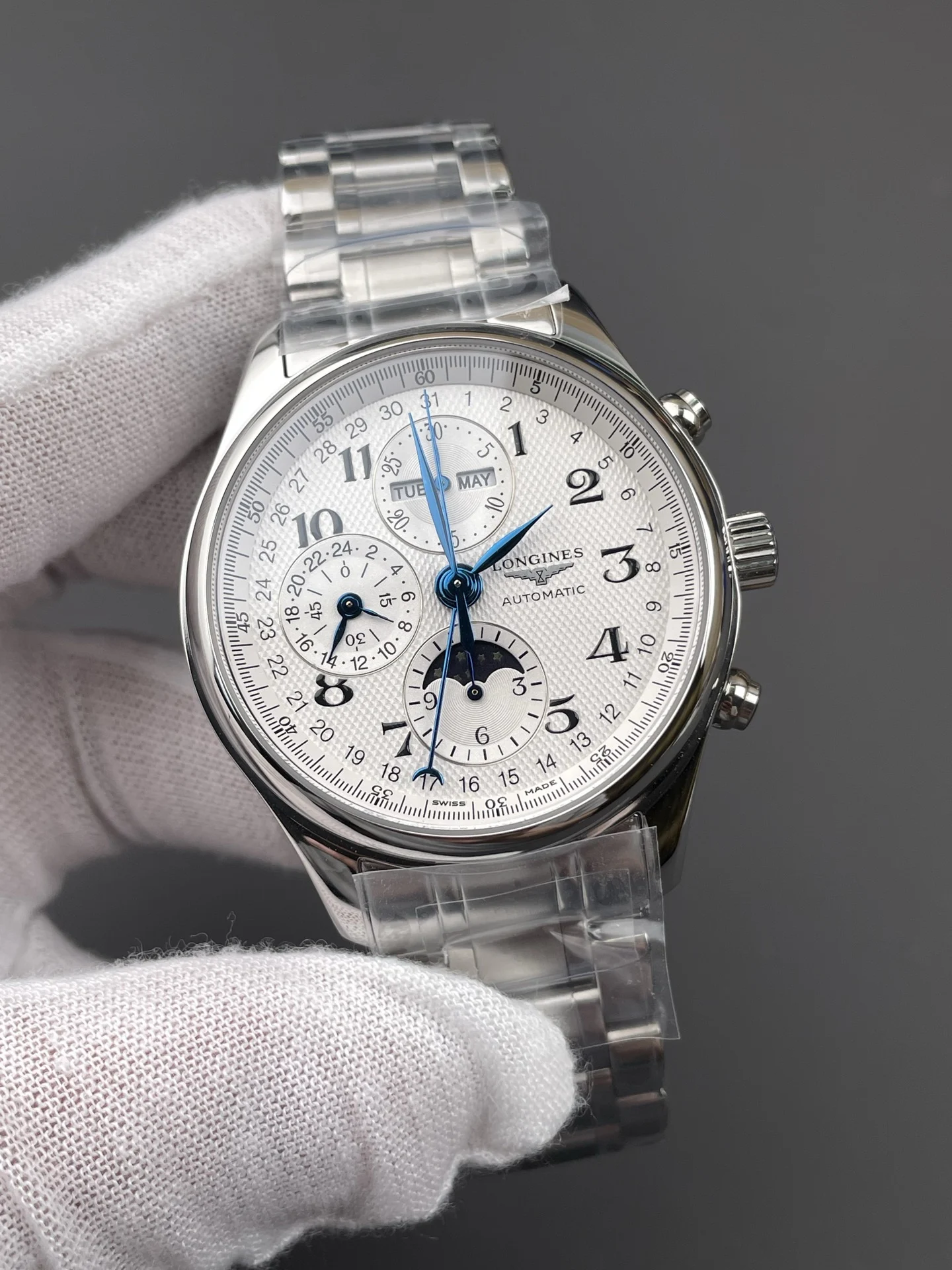 Longines Master Collection Moon Phase 42mm — photographed off the sweep