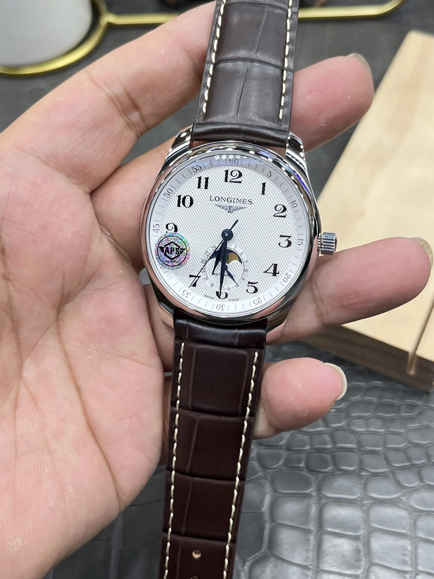 Longines Master Collection Moon Phase 42mm — photographed off the sweep