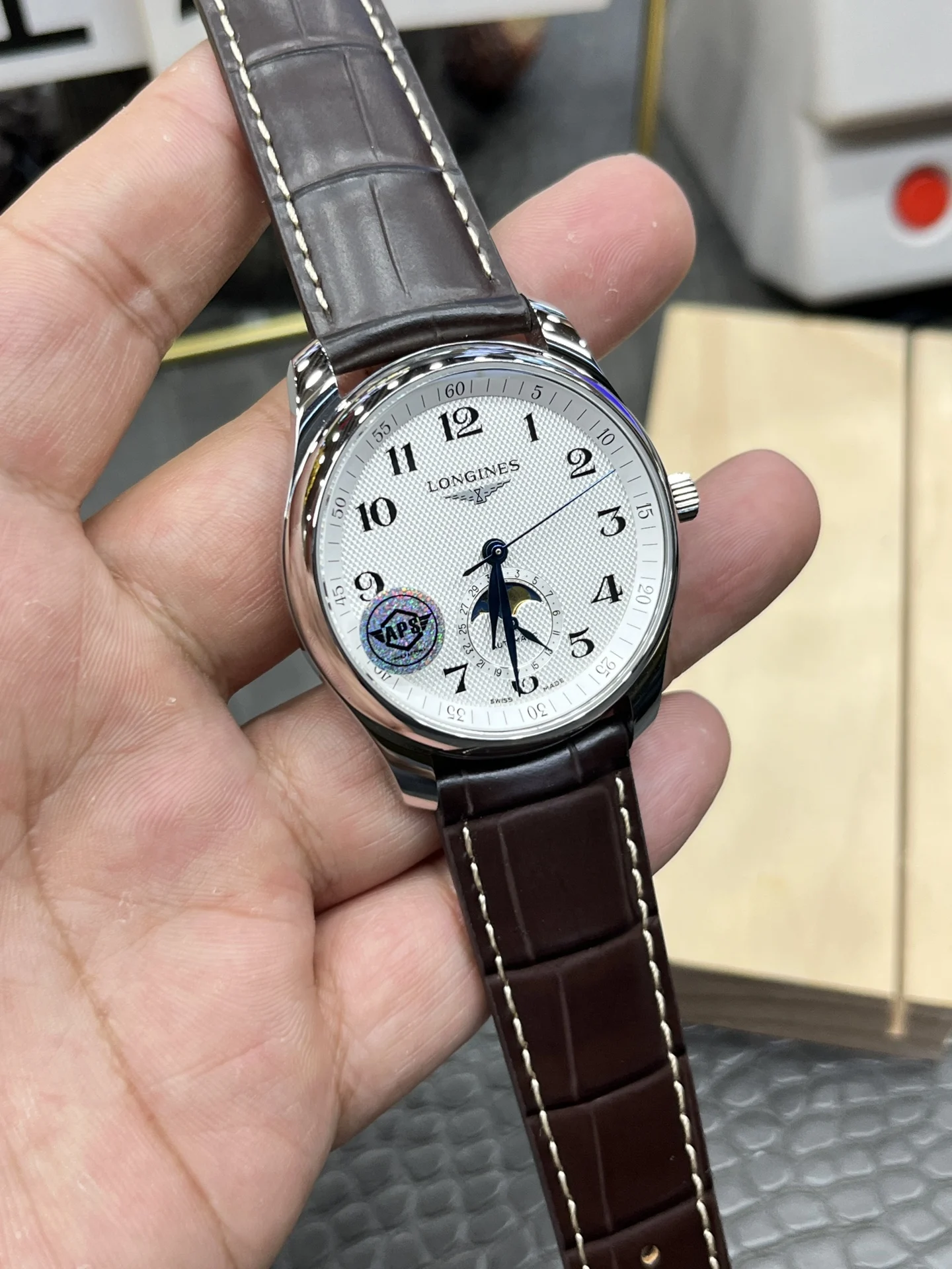 Longines Master Collection Moon Phase 42mm — photographed off the sweep
