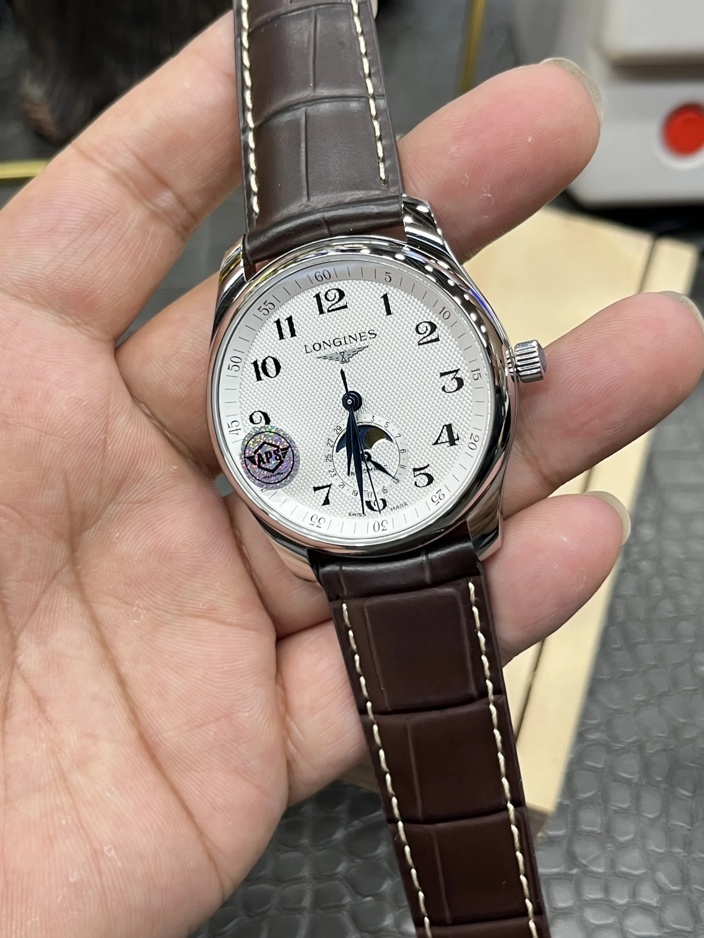Longines Master Collection Moon Phase 42mm — photographed off the sweep