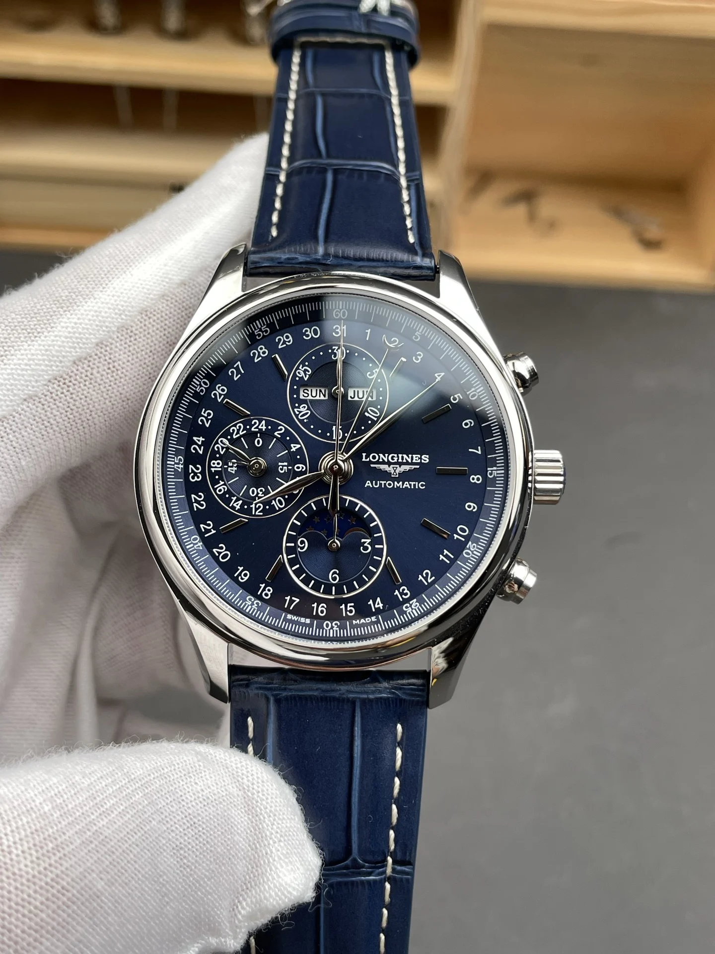 Longines Master Collection Moon Phase 42mm — photographed off the sweep