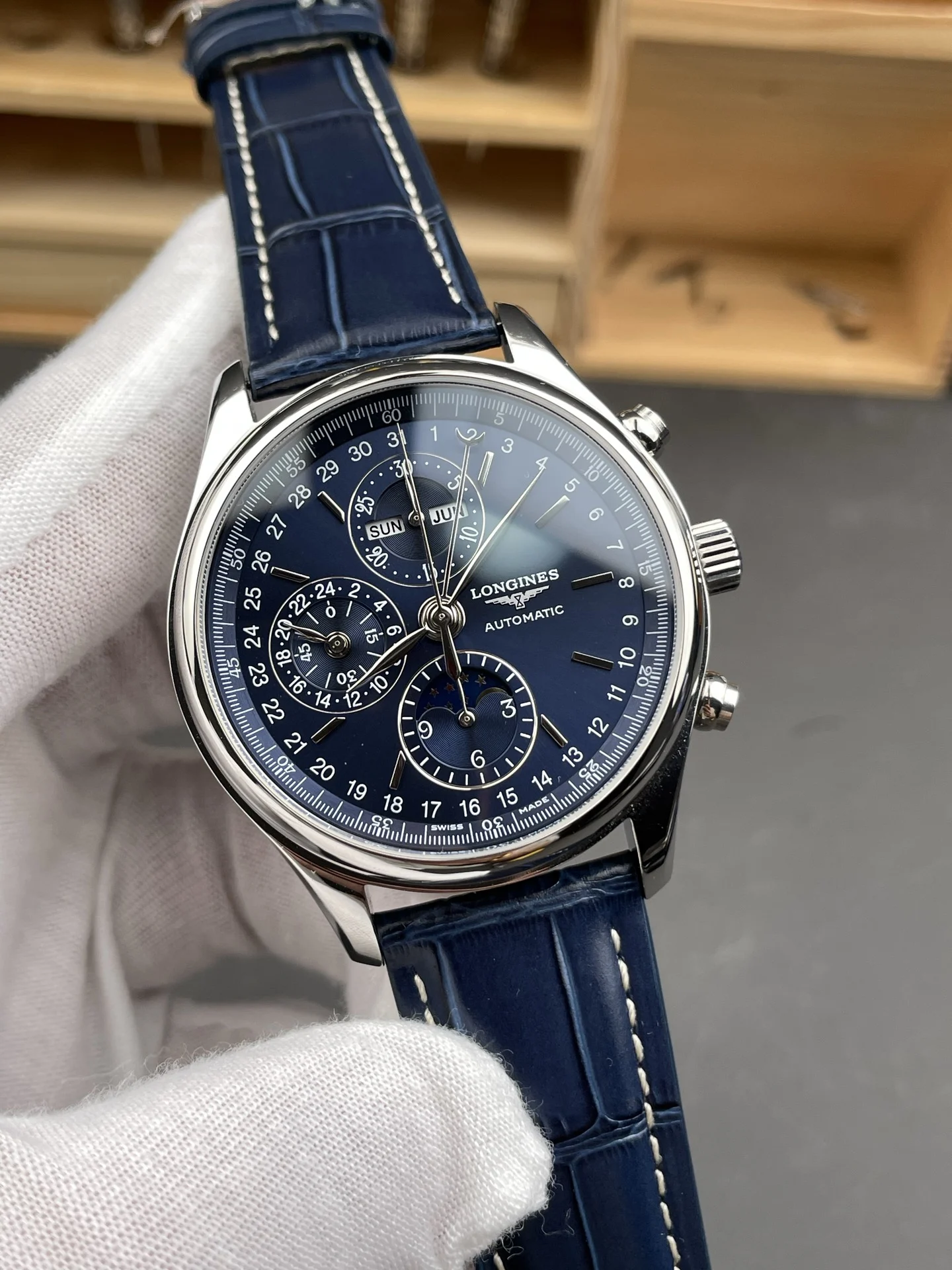 Longines Master Collection Moon Phase 42mm — photographed off the sweep