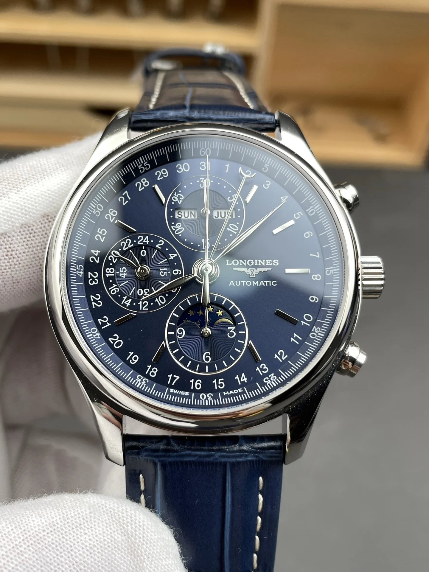 Longines Master Collection Moon Phase 42mm — photographed off the sweep