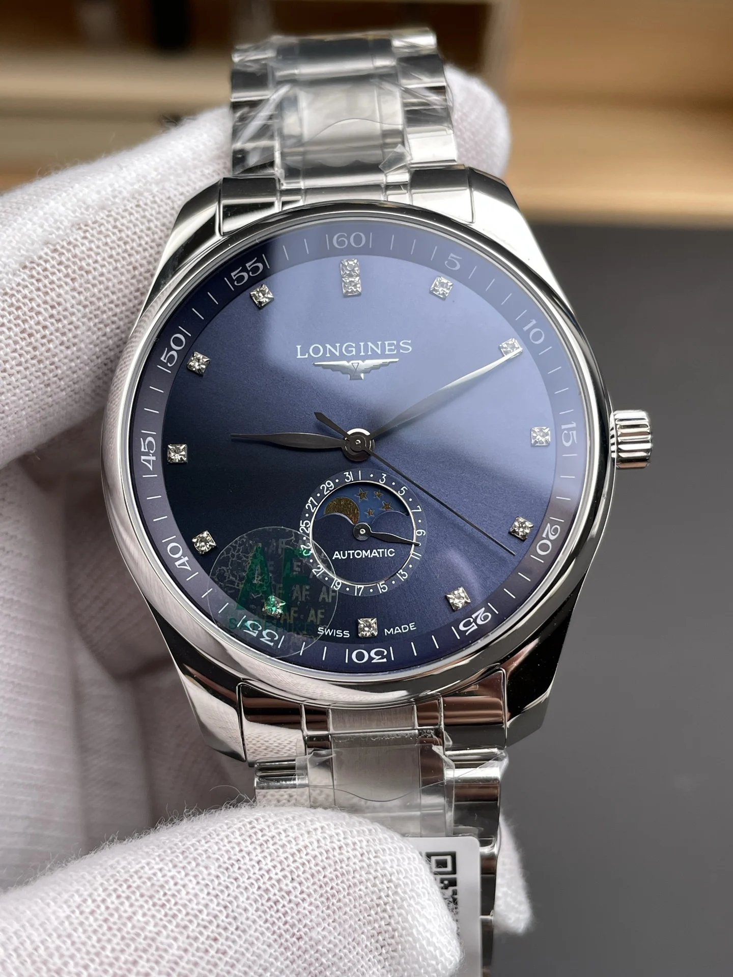 Longines Master Collection Moon Phase Blue Dial Diamond-Set 42mm — photographed off the sweep