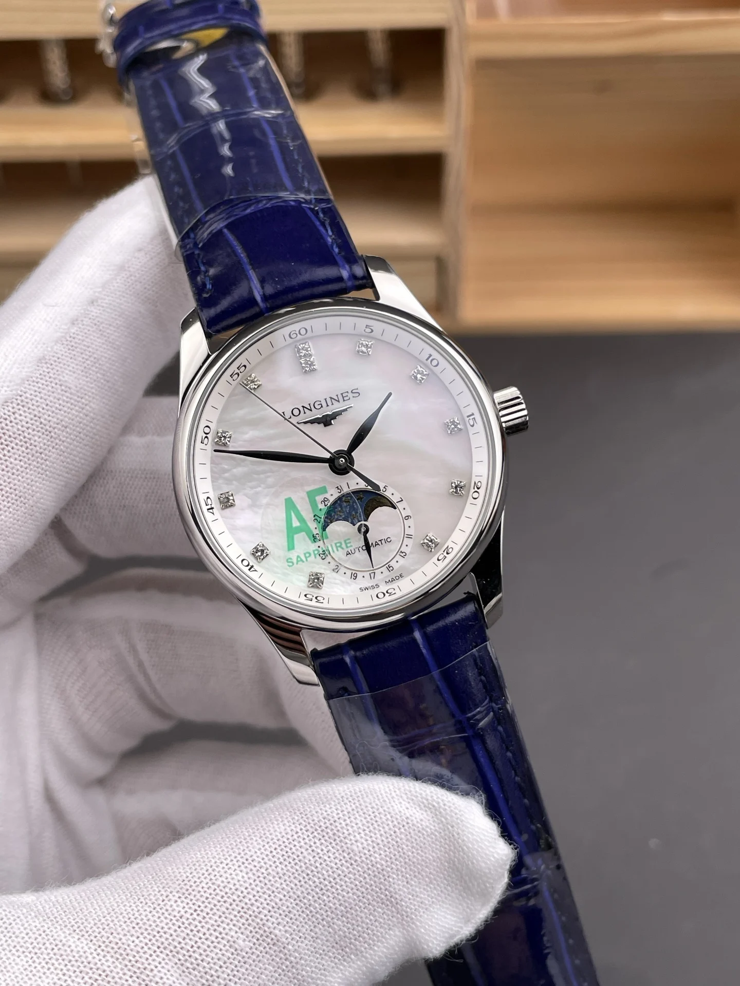 Longines Master Collection Moon Phase Diamond-Set 34mm — photographed off the sweep