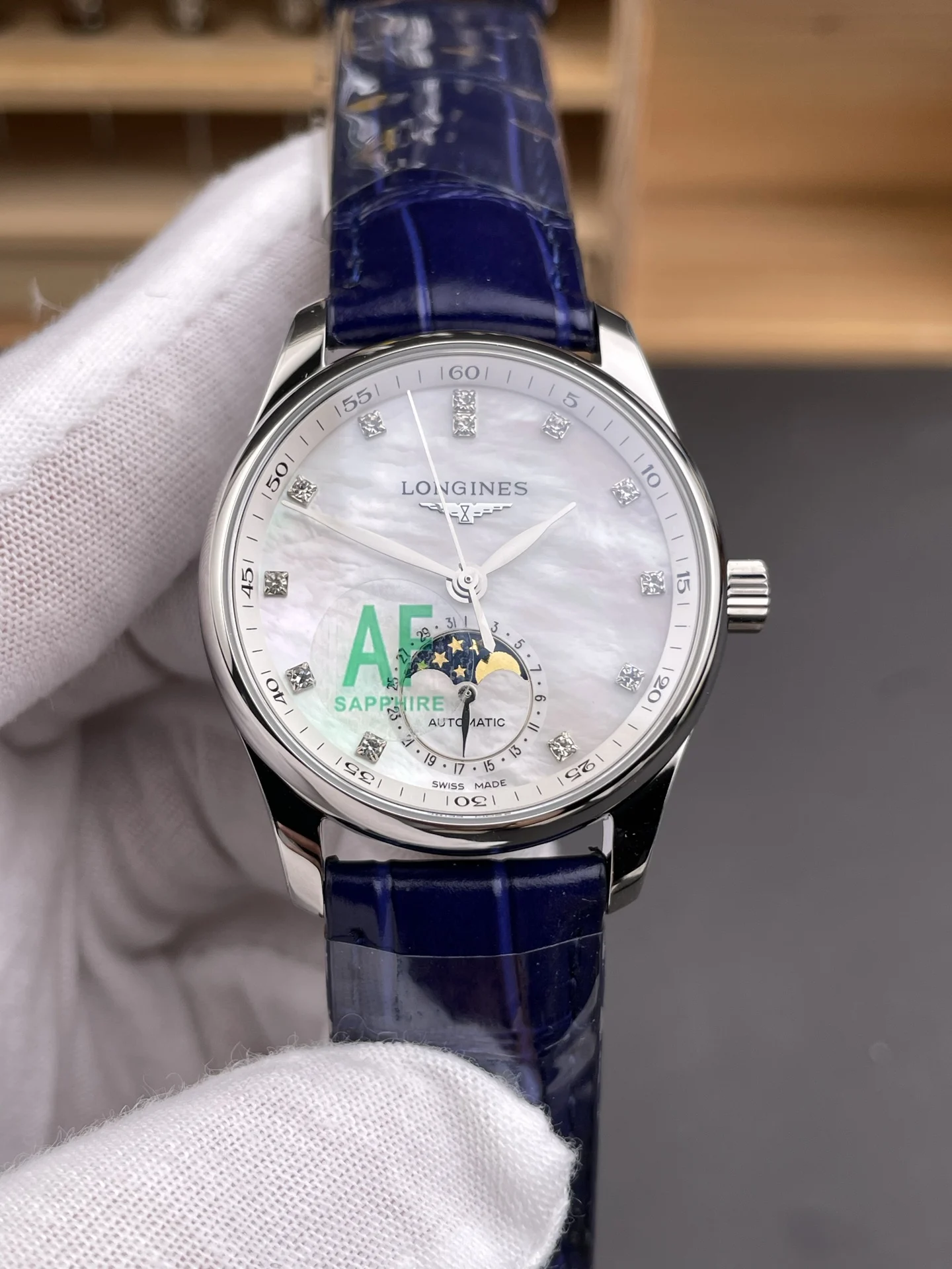 Longines Master Collection Moon Phase Diamond-Set 34mm — photographed off the sweep