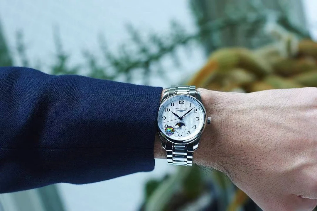 Longines Master Collection Moon Phase Steel Black Dial — photographed off the sweep