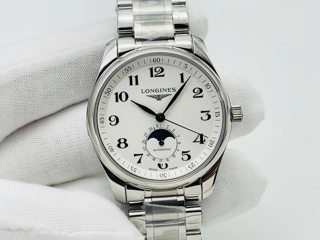 Longines Master Collection Moon Phase Steel Black Dial — photographed off the sweep