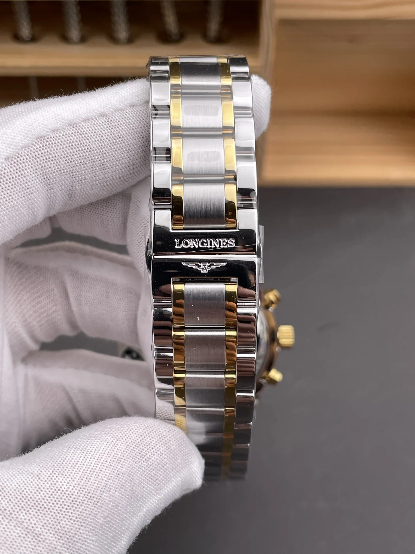 Longines Master Collection Moon Phase Two-Tone — photographed off the sweep