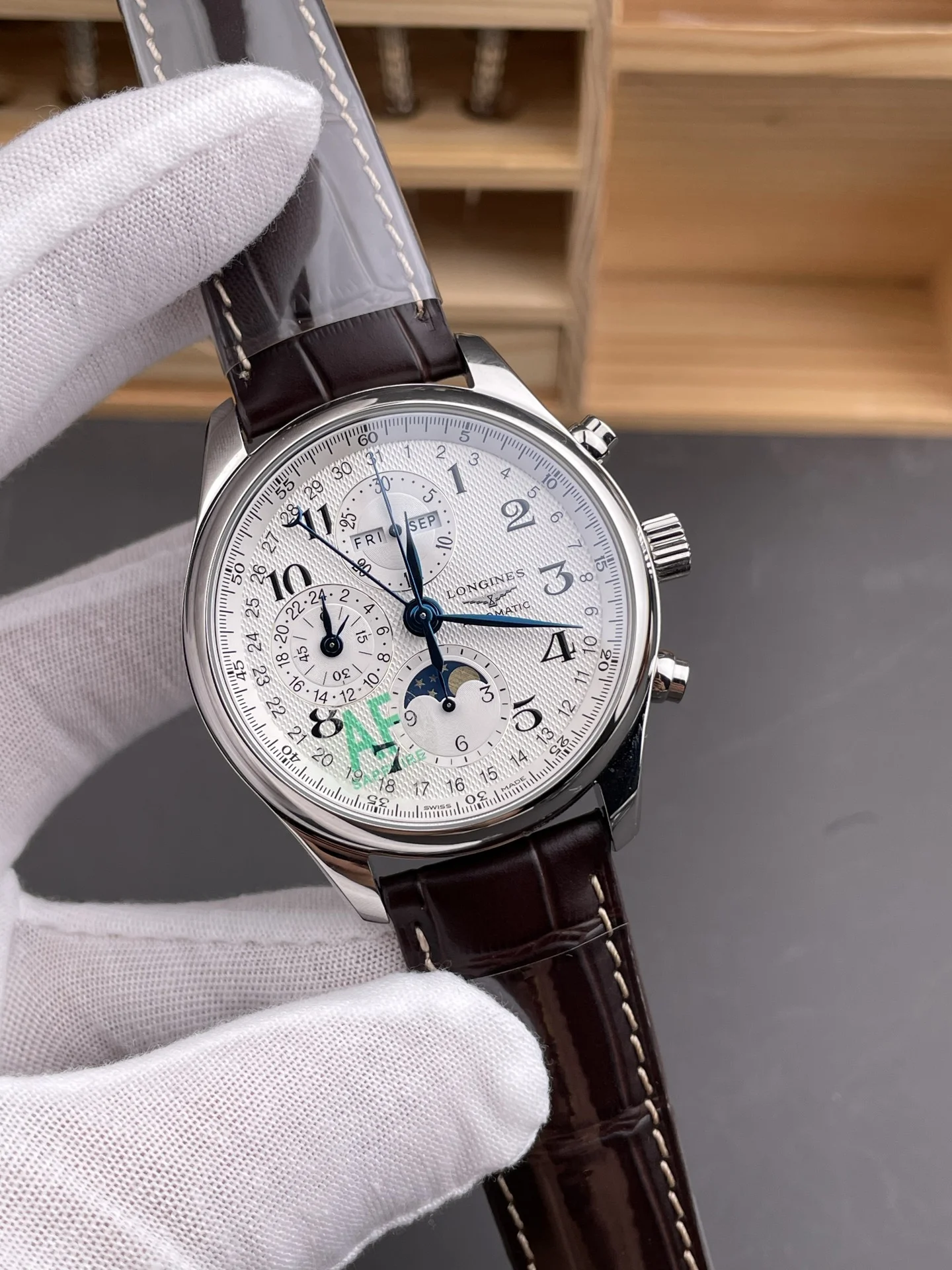 Longines Master Collection Moon Phase White Dial — photographed off the sweep