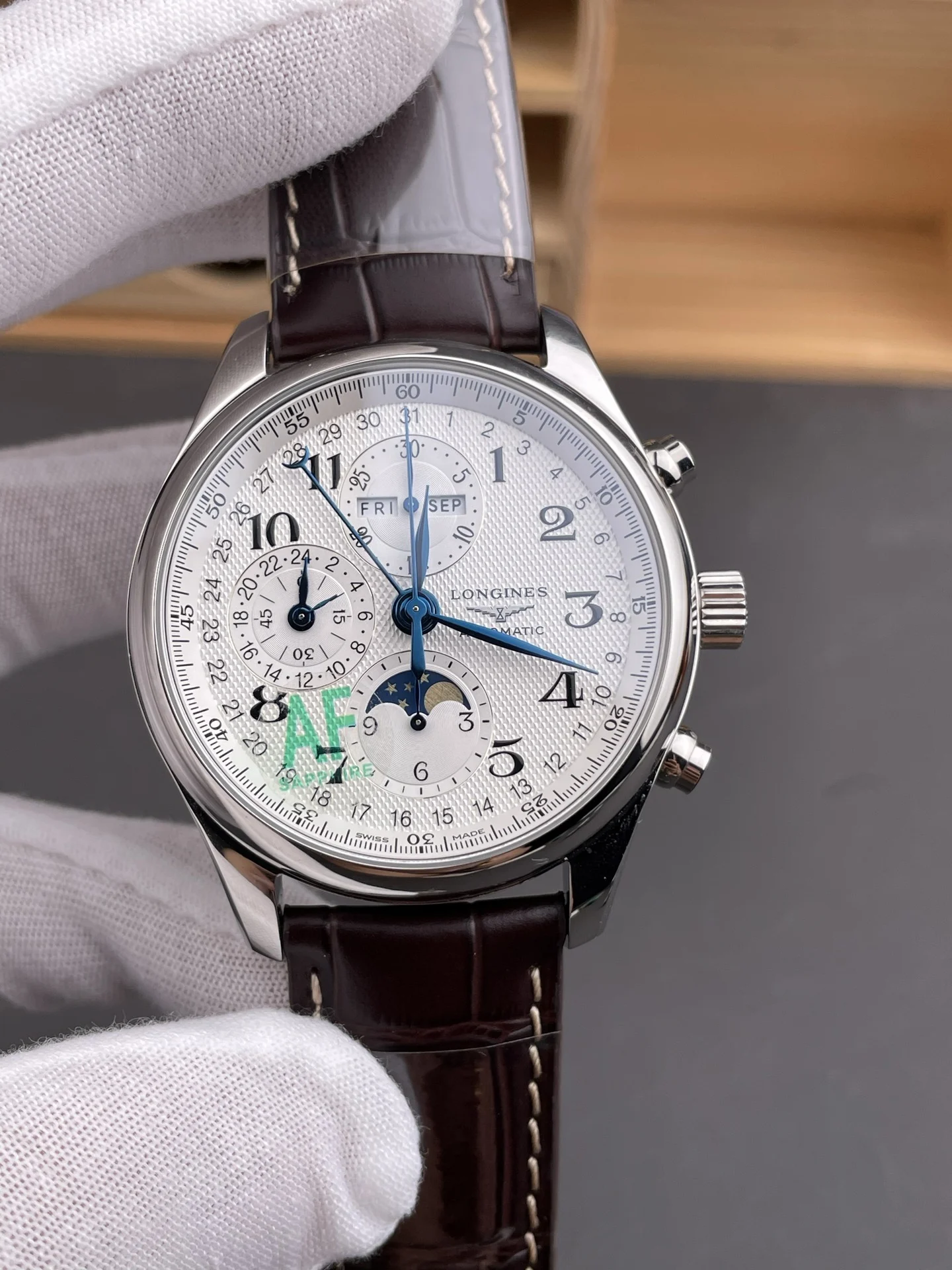 Longines Master Collection Moon Phase White Dial — photographed off the sweep