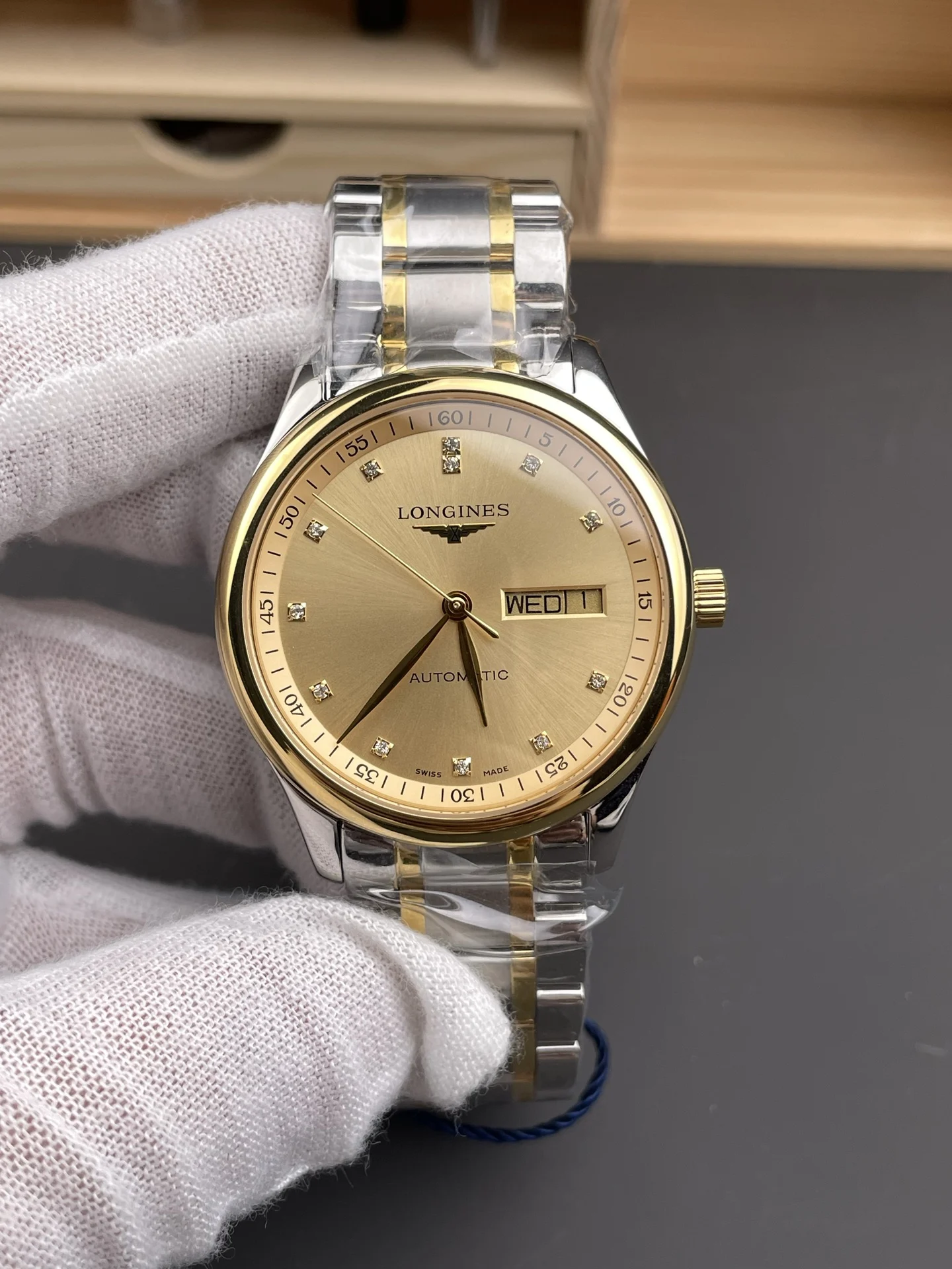 Longines Master Collection Two-Tone Diamond-Set 40mm — photographed off the sweep