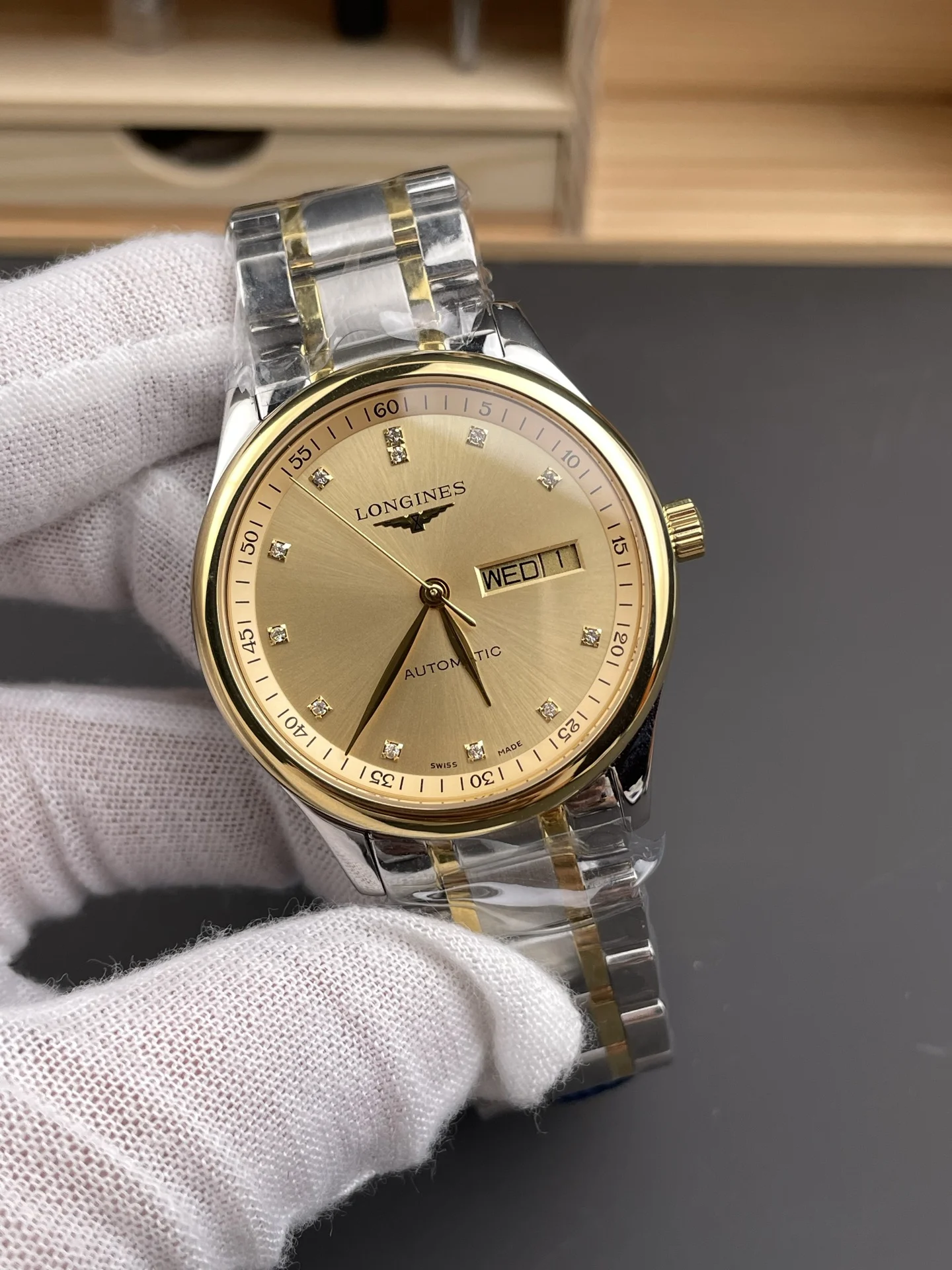 Longines Master Collection Two-Tone Diamond-Set 40mm — photographed off the sweep