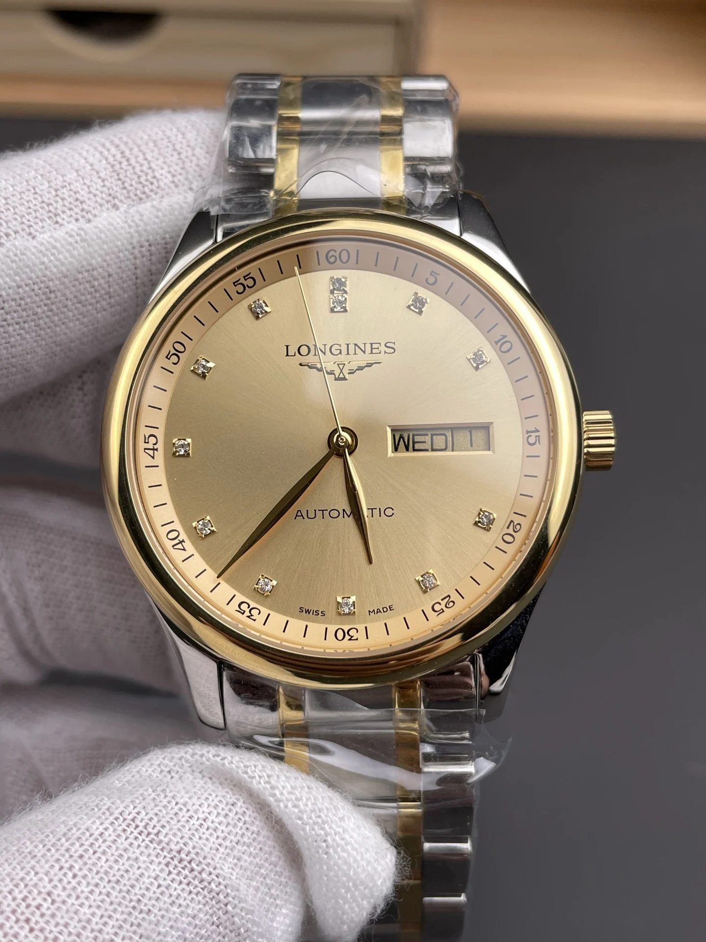 Longines Master Collection Two-Tone Diamond-Set 40mm — photographed off the sweep