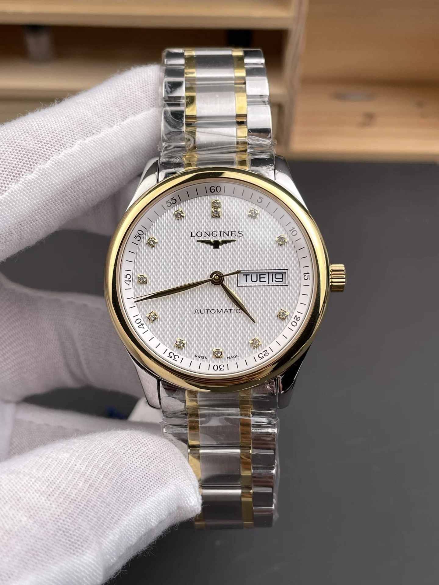 Longines Master Collection Two-Tone Diamond-Set 40mm — photographed off the sweep