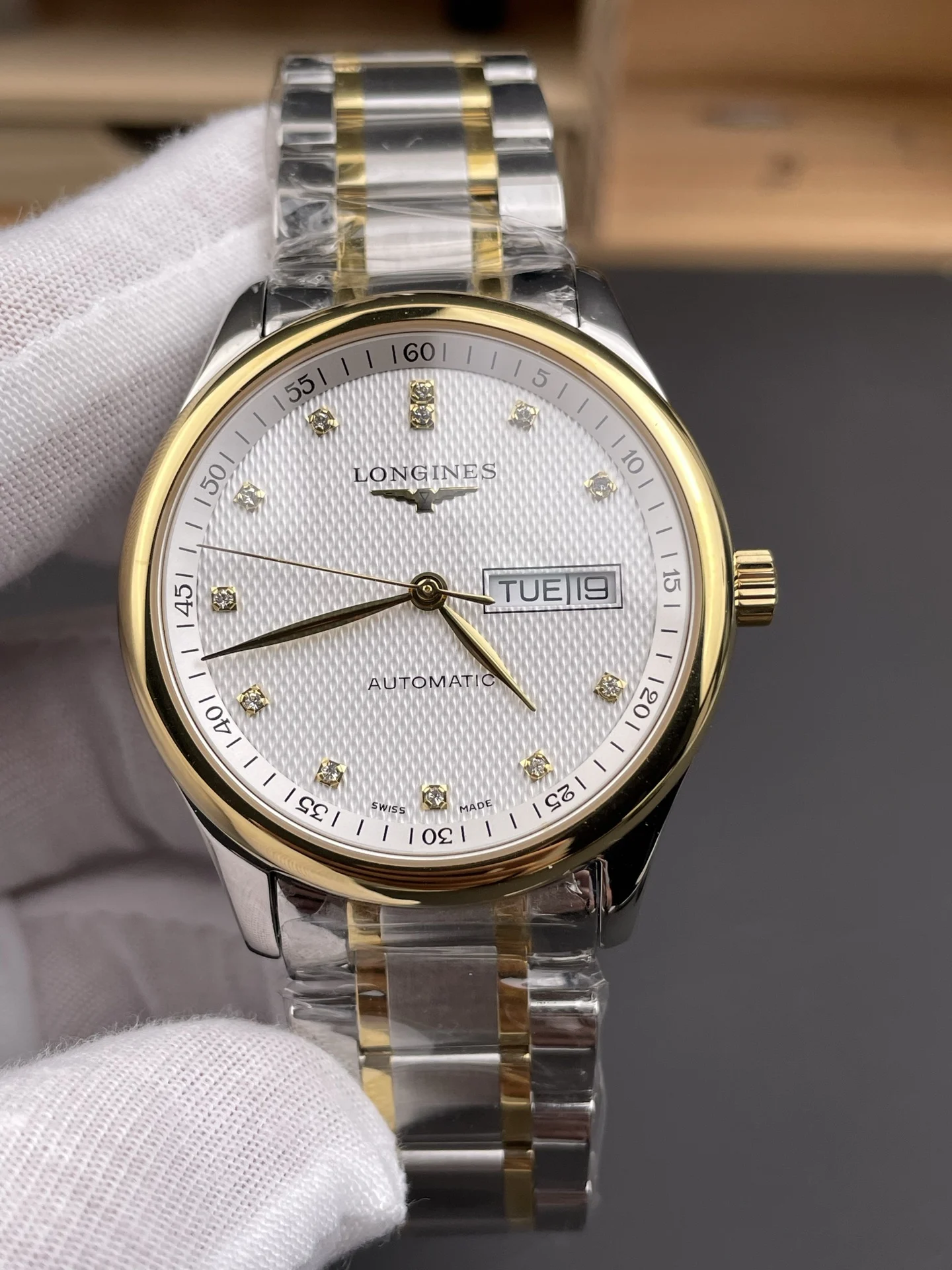Longines Master Collection Two-Tone Diamond-Set 40mm — photographed off the sweep
