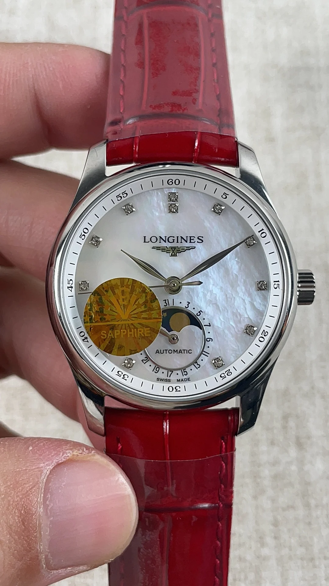 Longines Moon Phase 34mm — photographed off the sweep