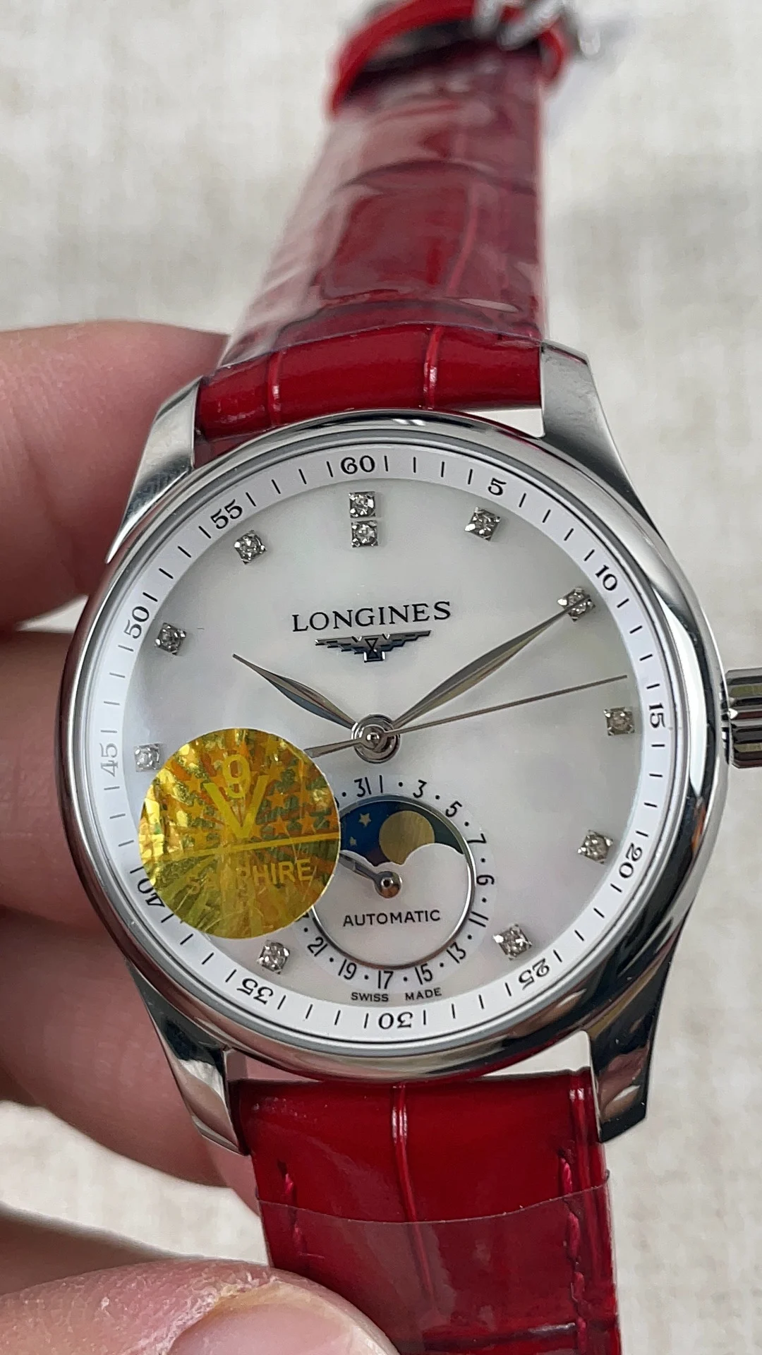 Longines Moon Phase 34mm — photographed off the sweep
