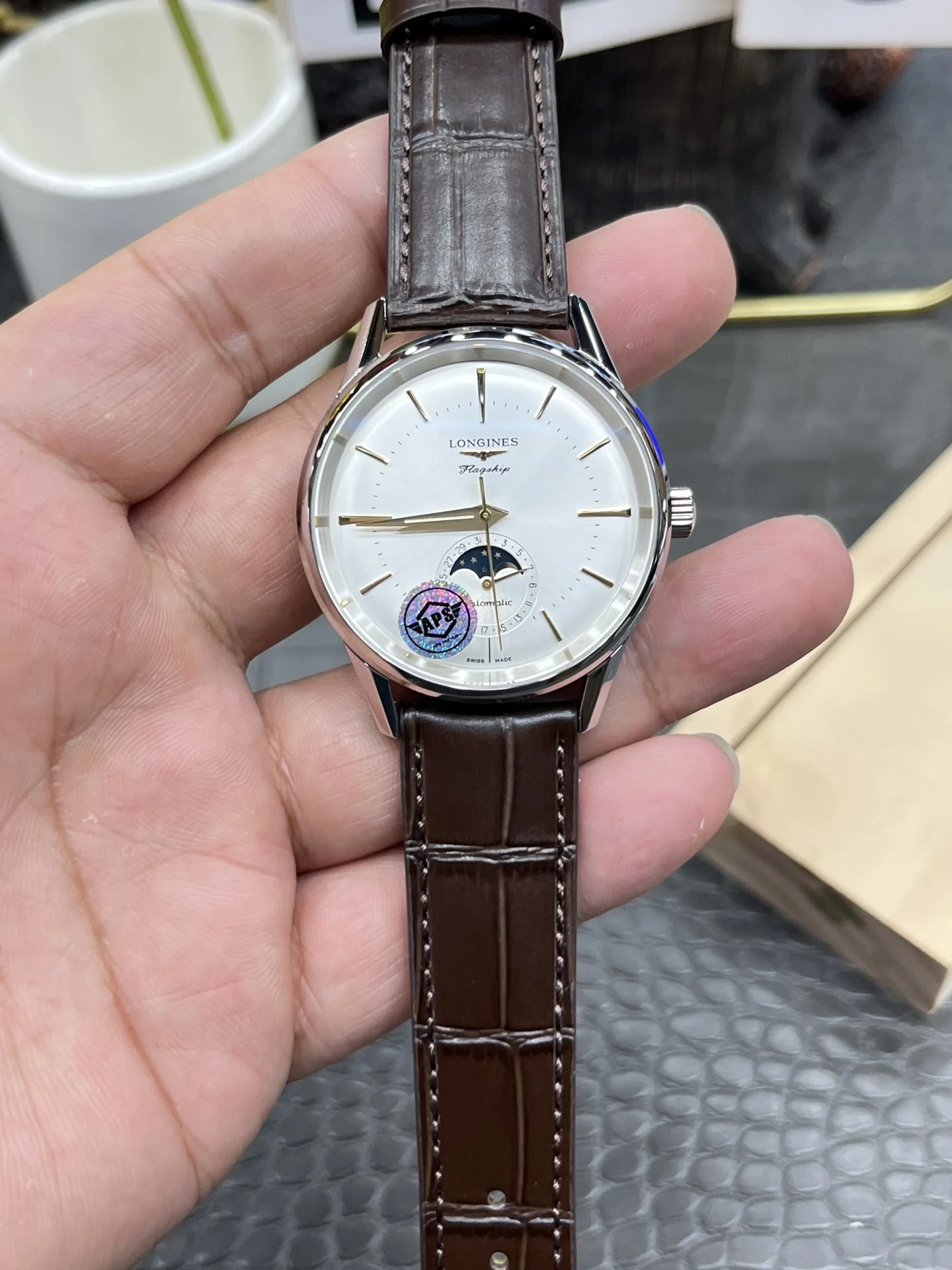 Longines Moon Phase 38.5mm — photographed off the sweep