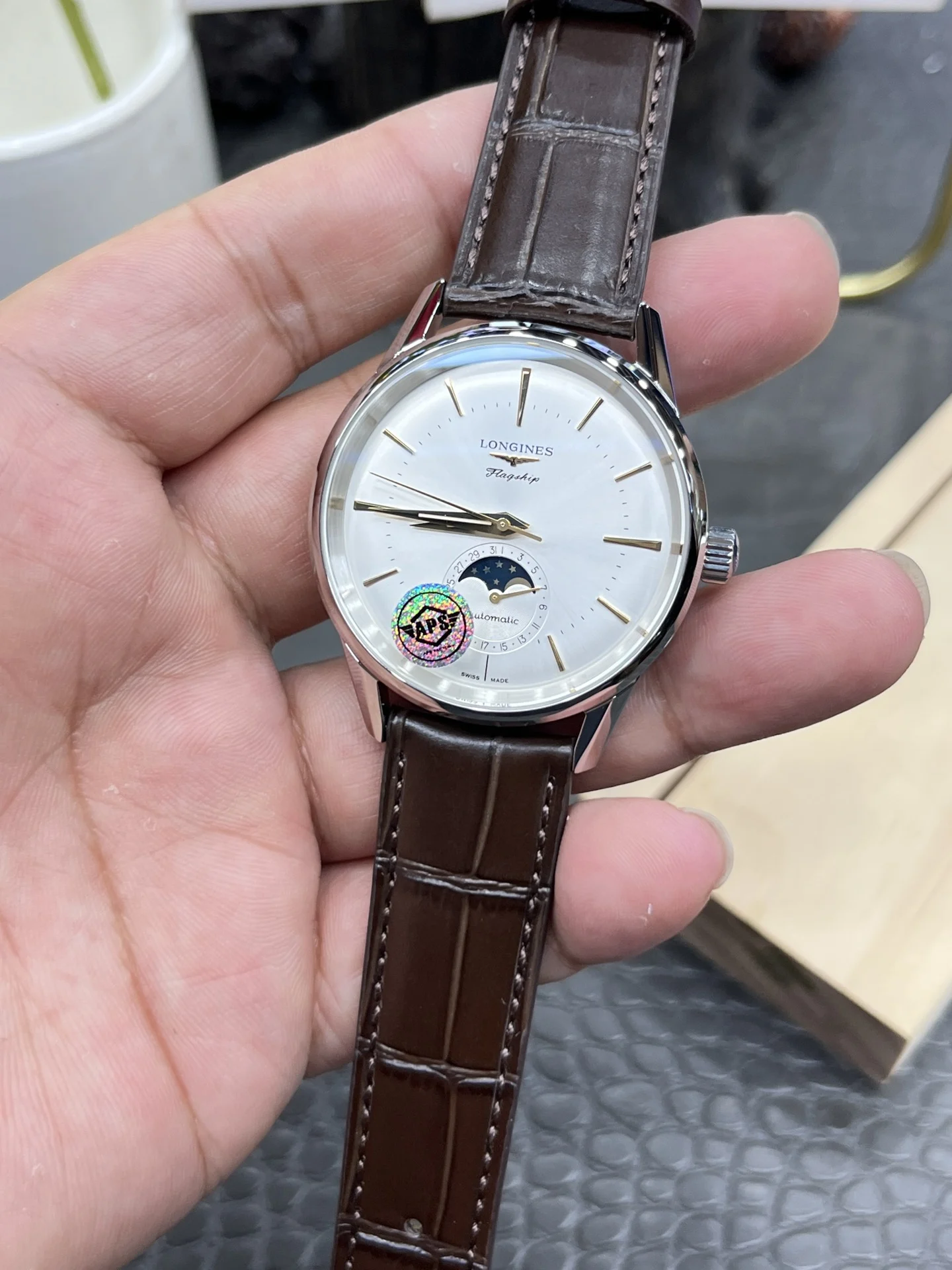 Longines Moon Phase 38.5mm — photographed off the sweep