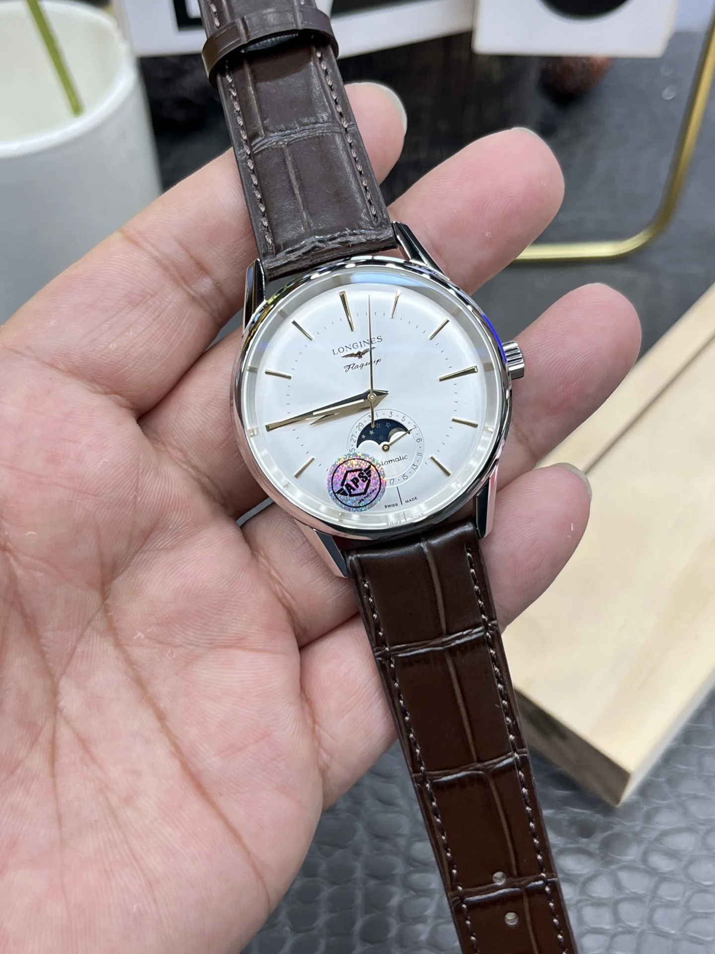 Longines Moon Phase 38.5mm — photographed off the sweep
