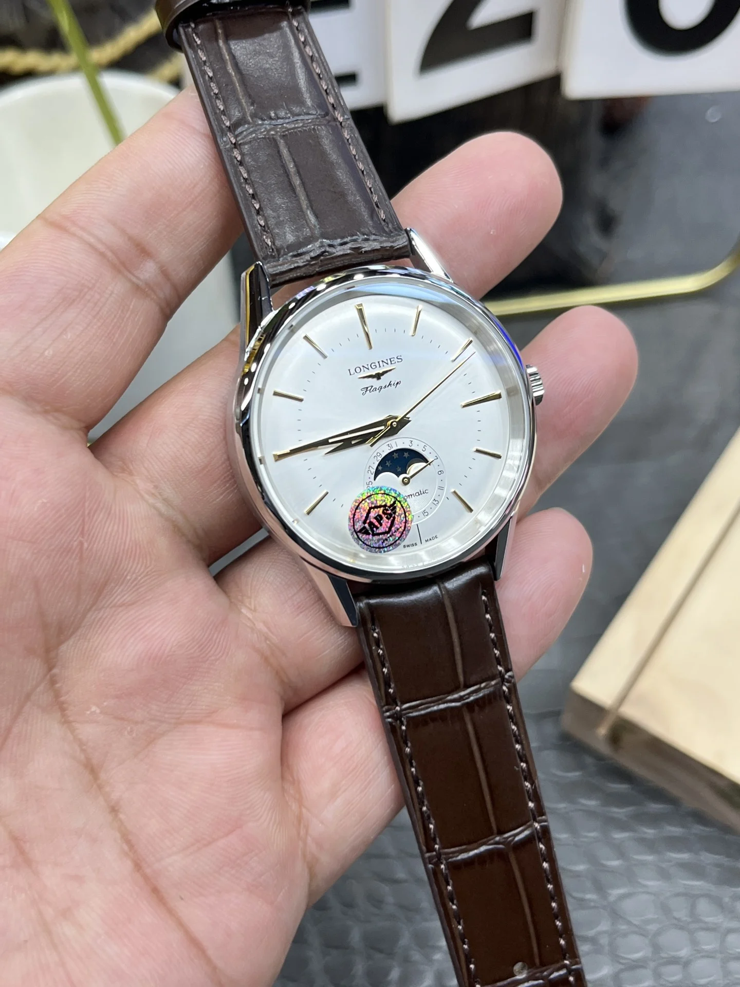 Longines Moon Phase 38.5mm — photographed off the sweep