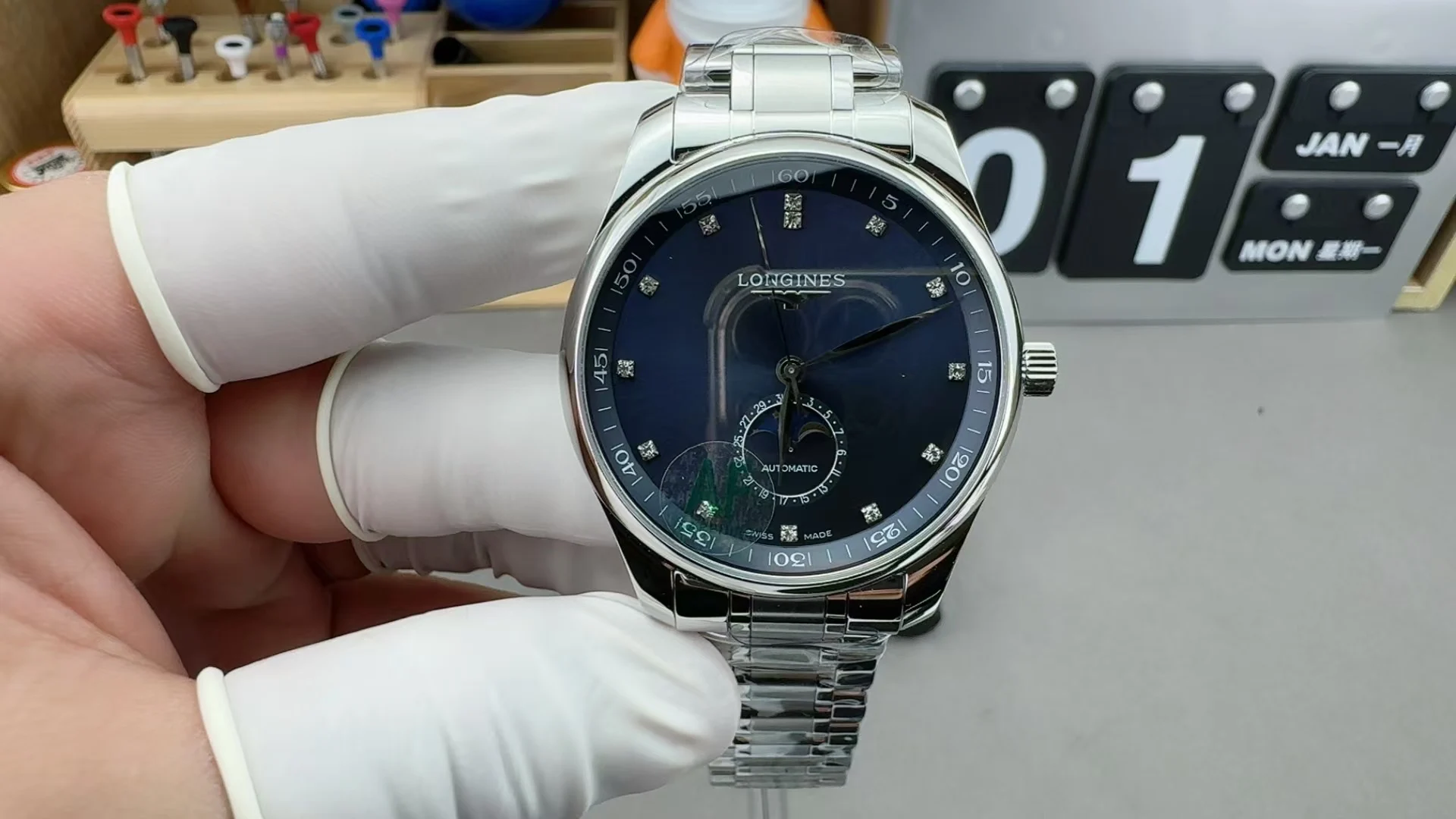Longines Moon Phase Blue Dial Diamond-Set 42mm — photographed off the sweep