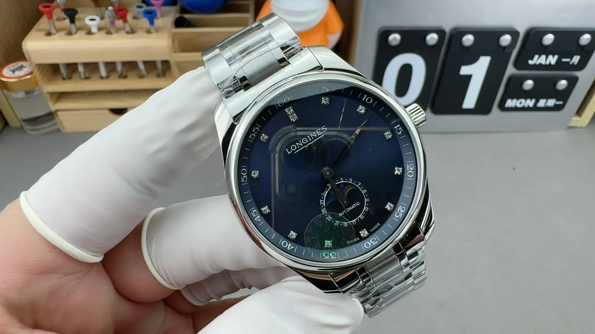 Longines Moon Phase Blue Dial Diamond-Set 42mm — photographed off the sweep