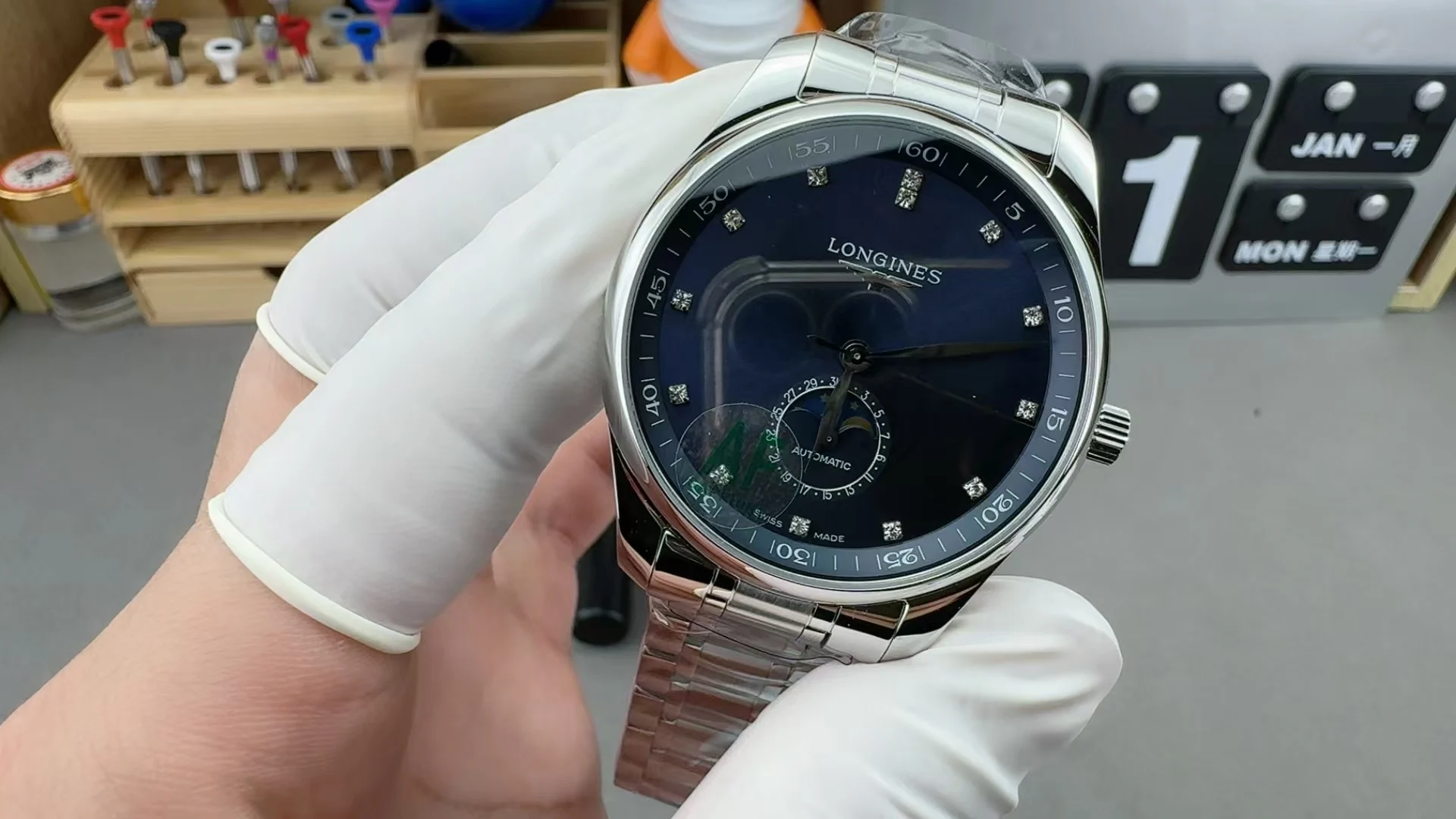 Longines Moon Phase Blue Dial Diamond-Set 42mm — photographed off the sweep