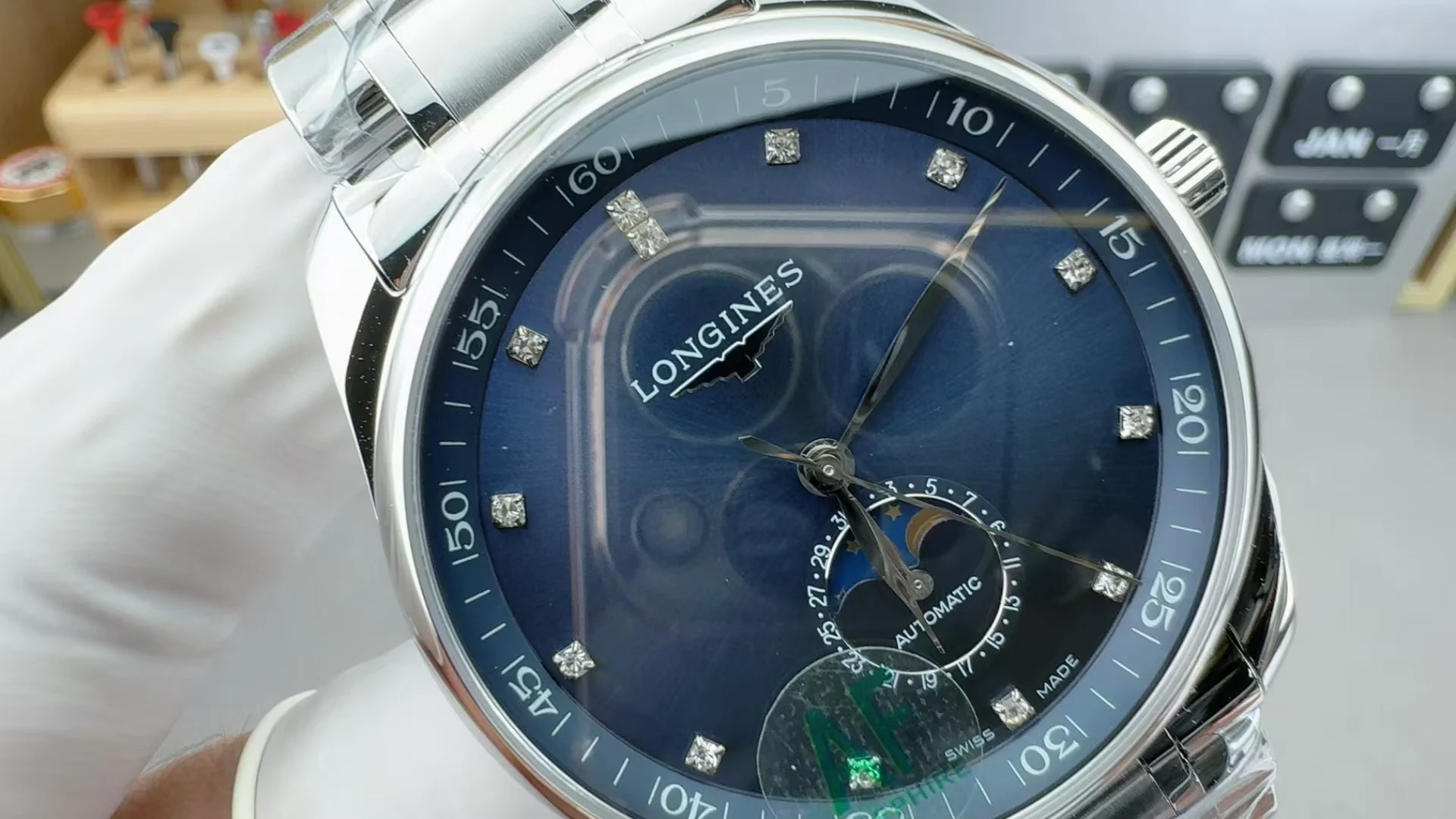 Longines Moon Phase Blue Dial Diamond-Set 42mm — photographed off the sweep