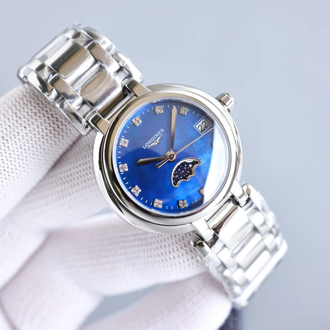 Longines Moon Phase Steel 30.5mm — photographed off the sweep