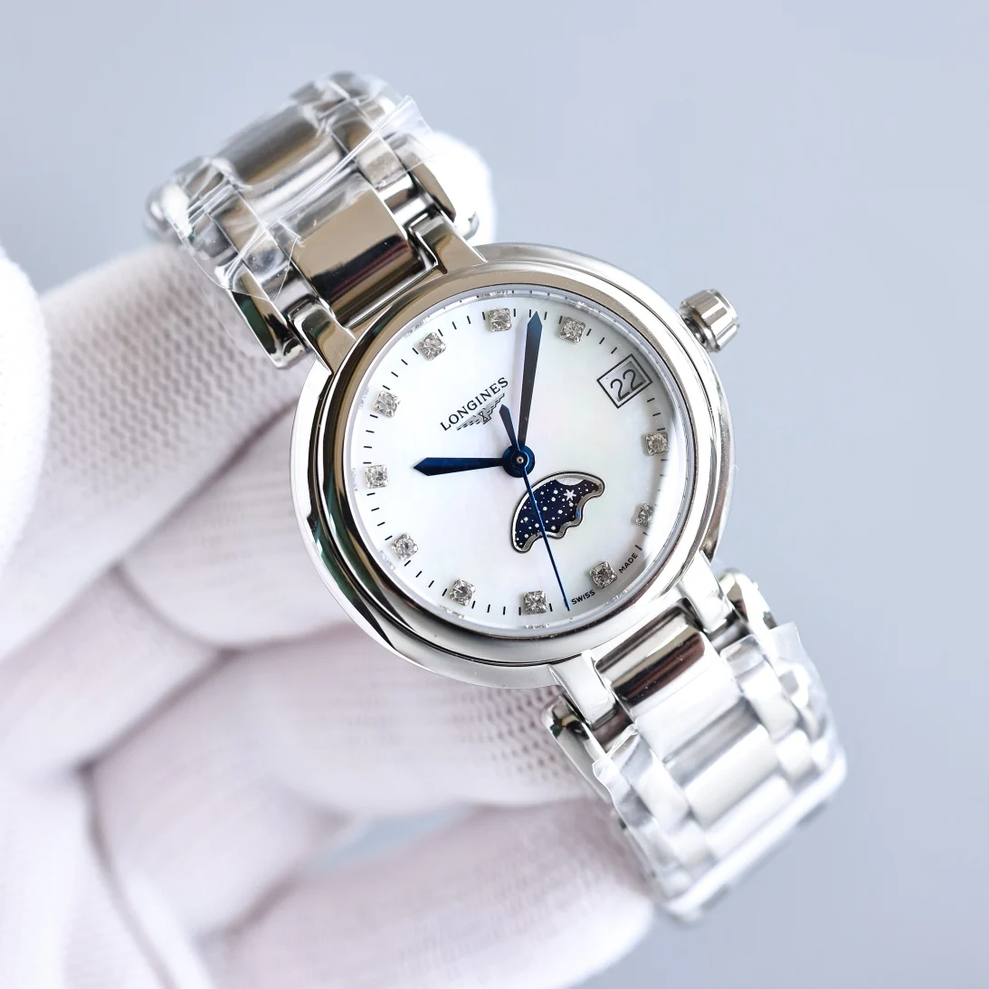 Longines Moon Phase Steel 30.5mm — photographed off the sweep