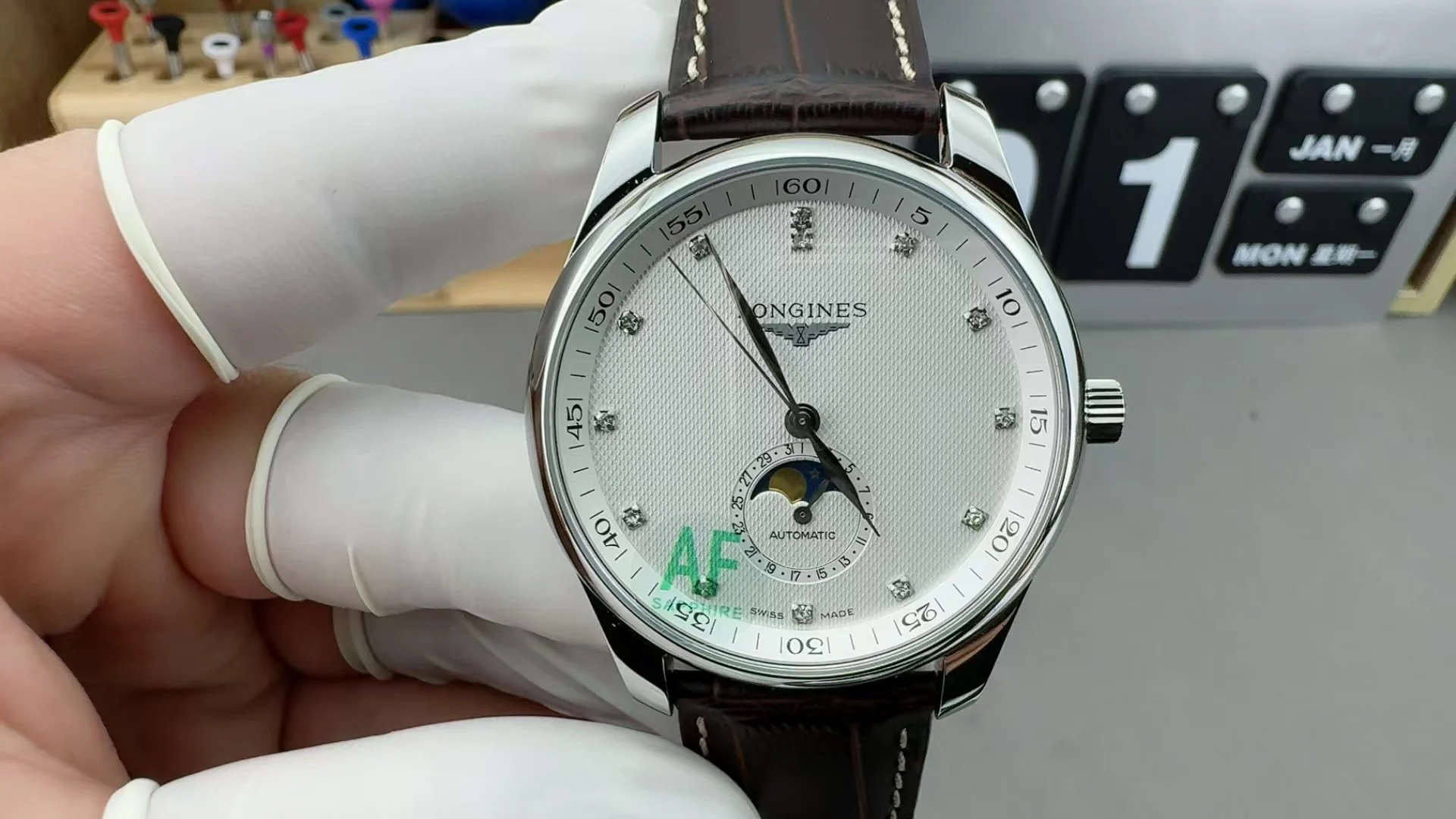 Longines Moon Phase White Dial — photographed off the sweep