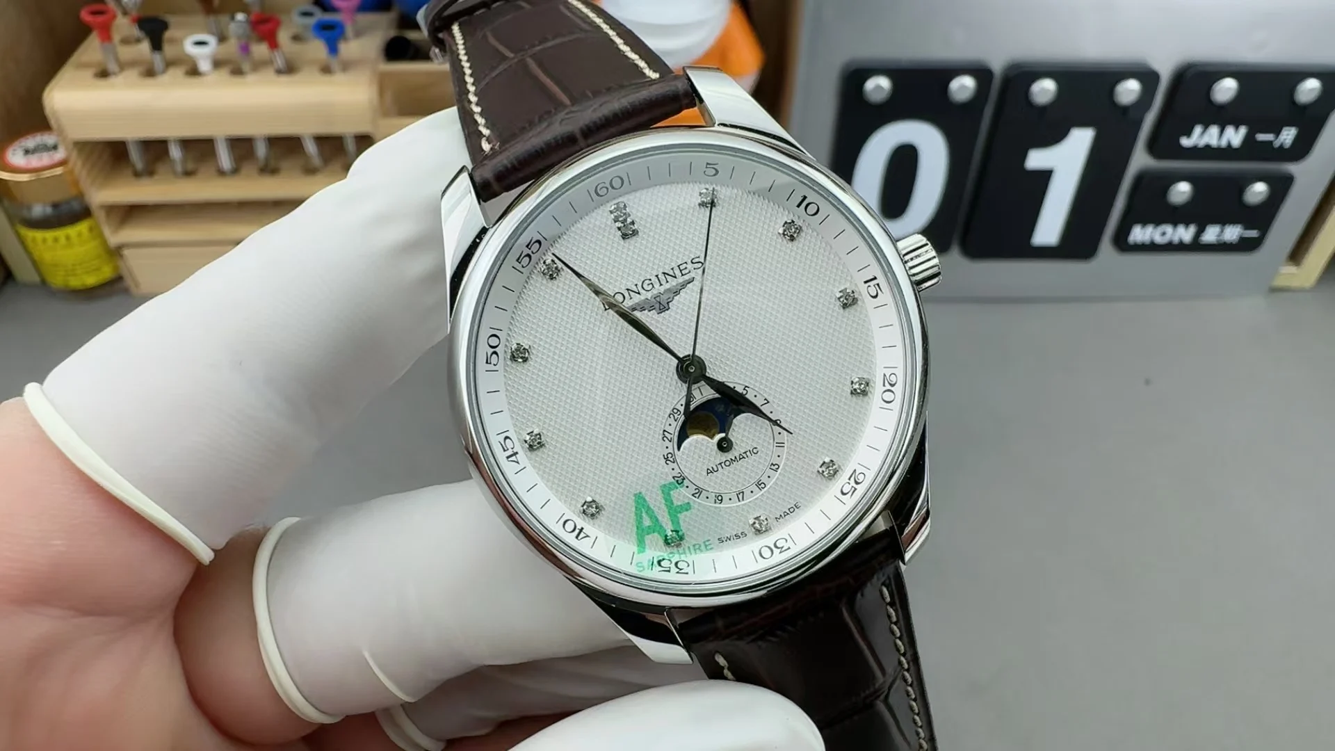 Longines Moon Phase White Dial — photographed off the sweep