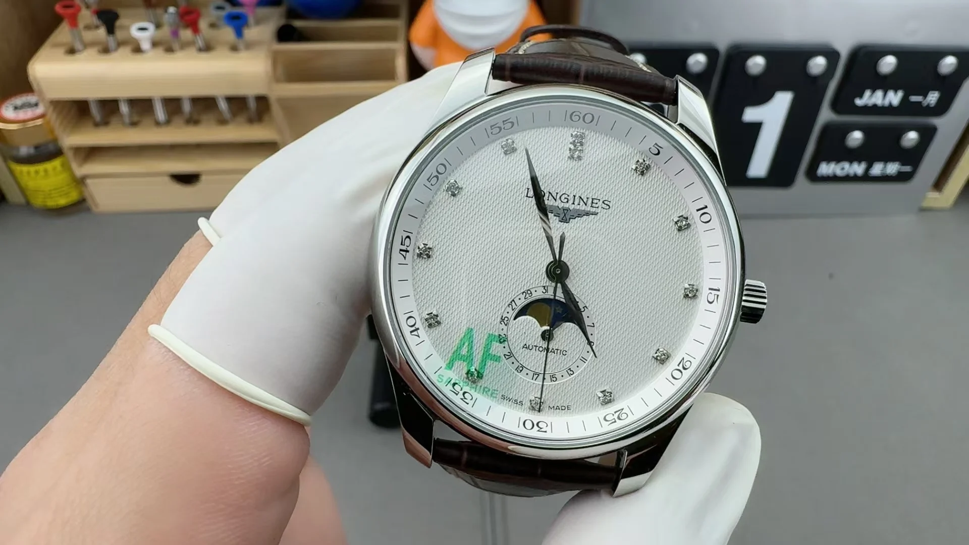 Longines Moon Phase White Dial — photographed off the sweep