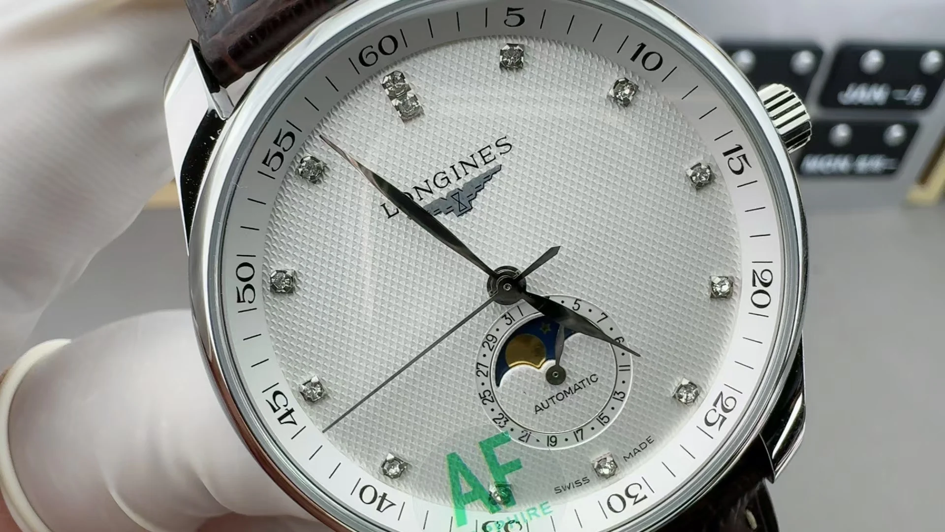Longines Moon Phase White Dial — photographed off the sweep