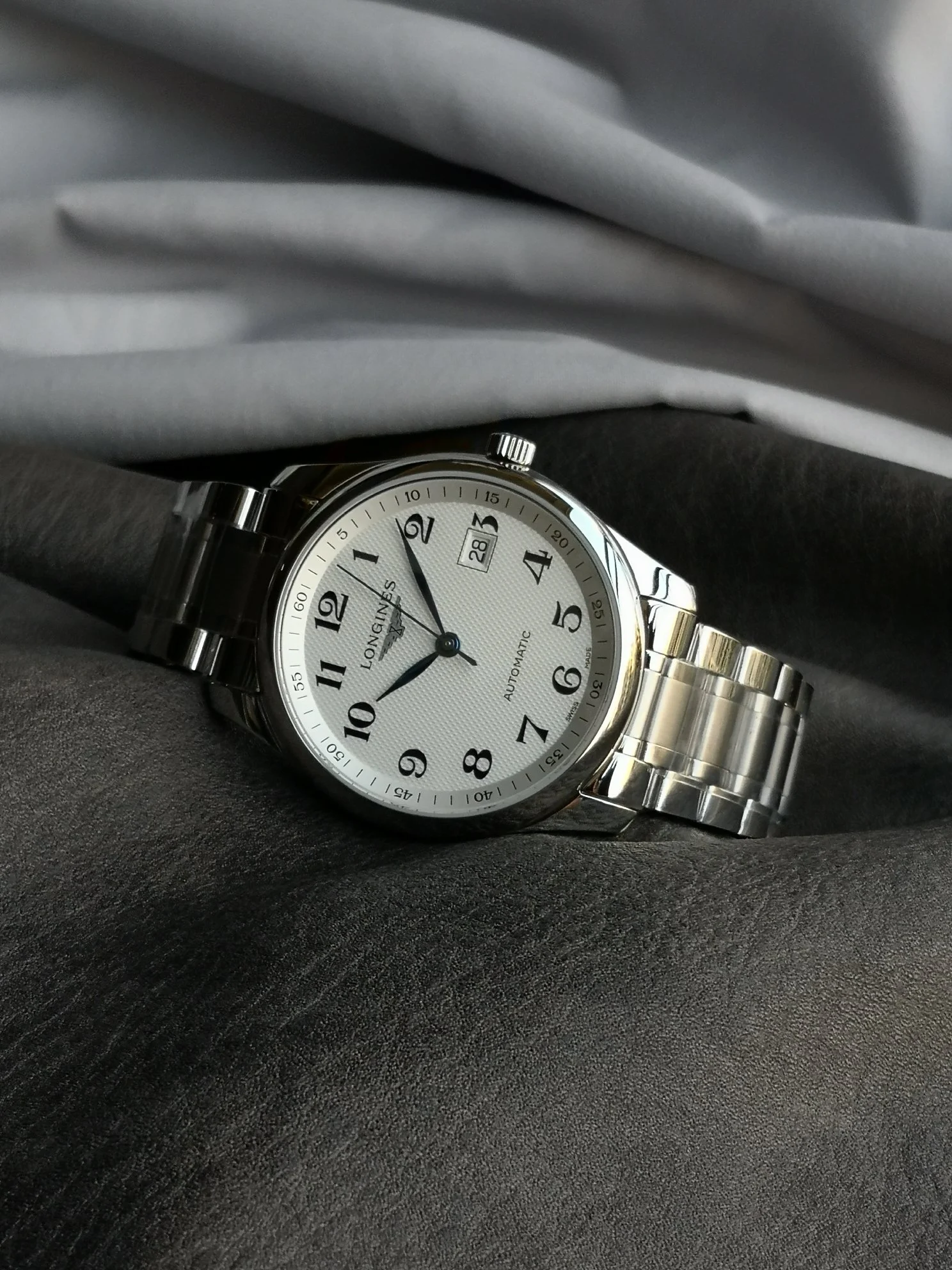 Longines Steel Silver Dial — photographed off the sweep