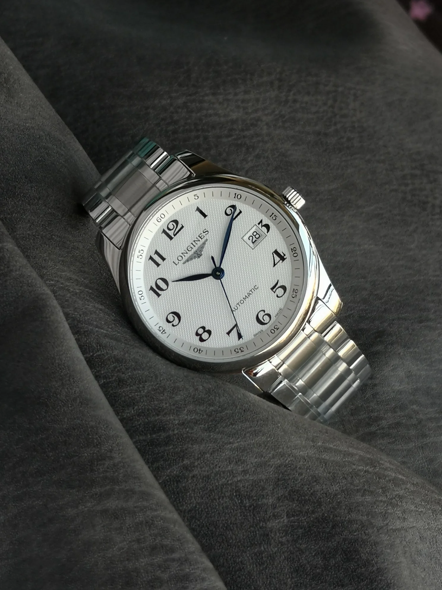 Longines Steel Silver Dial — photographed off the sweep