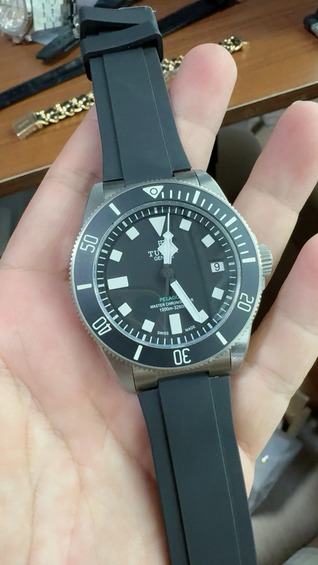 M+F, 43mm, titanium potato, free rubber — photographed off the sweep